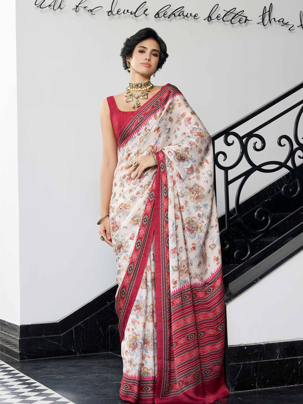 Ivory Red Floral Satin Georgette Saree
