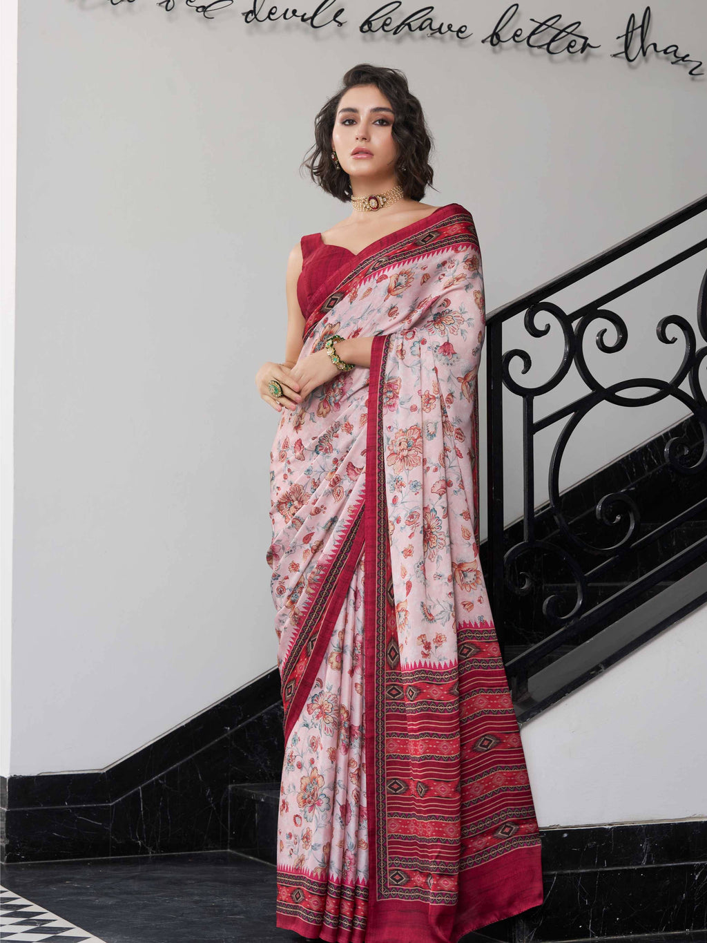 Wine Red Floral Satin Georgette Saree