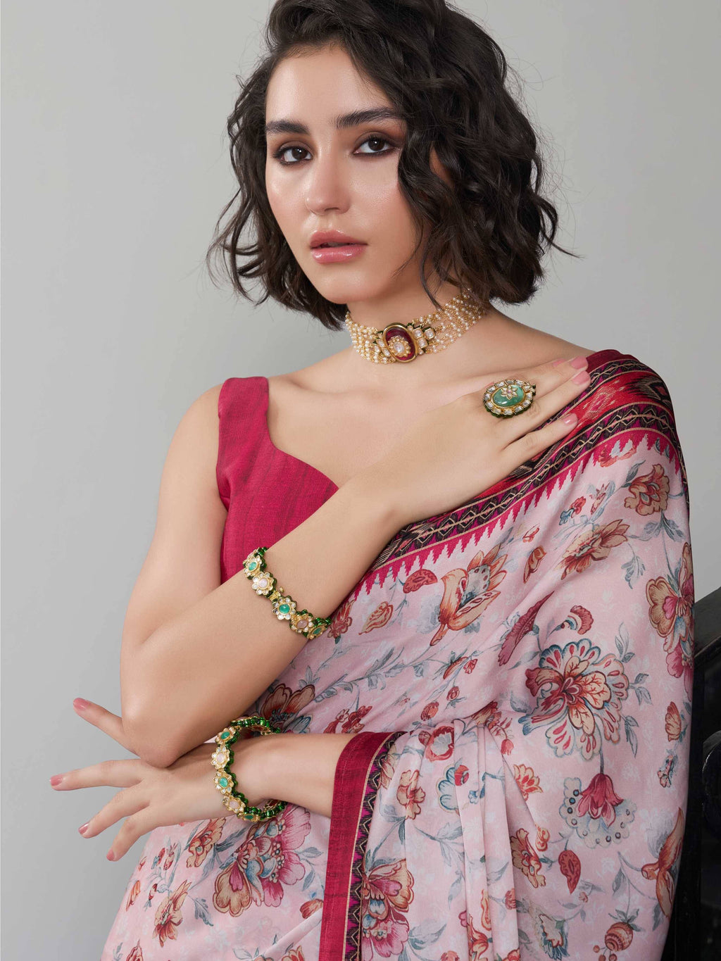 Wine Red Floral Satin Georgette Saree