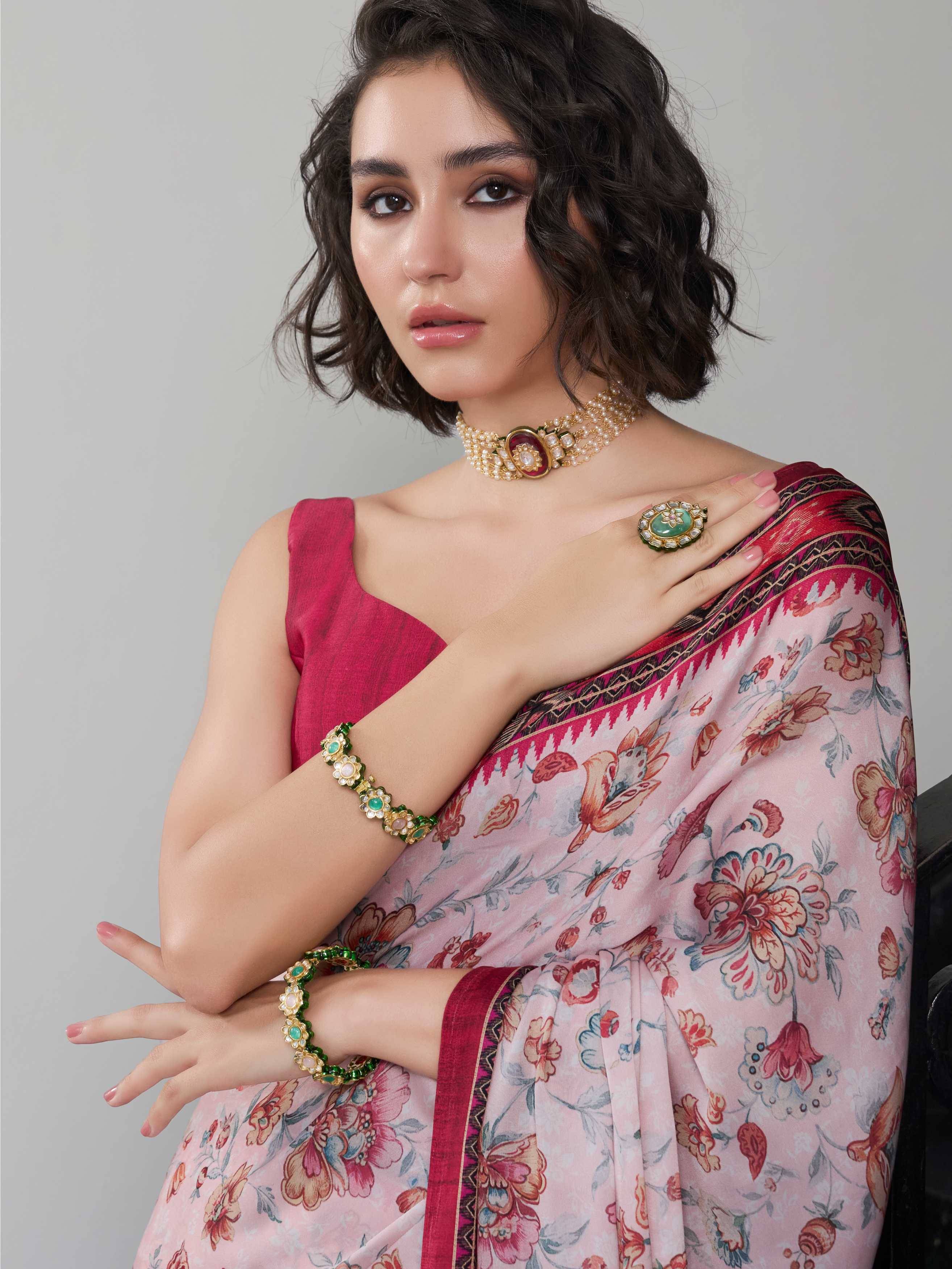 Wine Red Floral Satin Georgette Saree