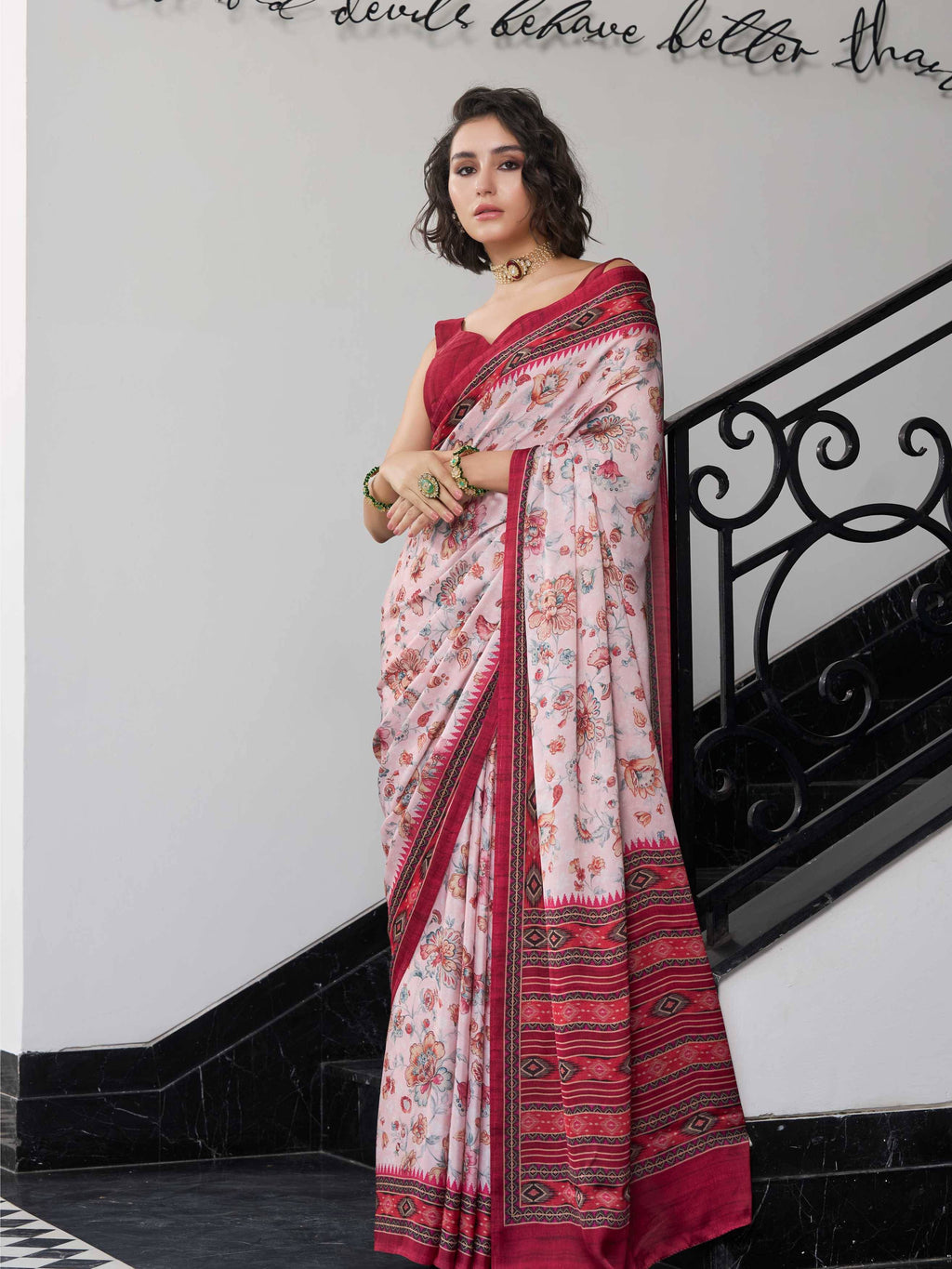 Wine Red Floral Satin Georgette Saree
