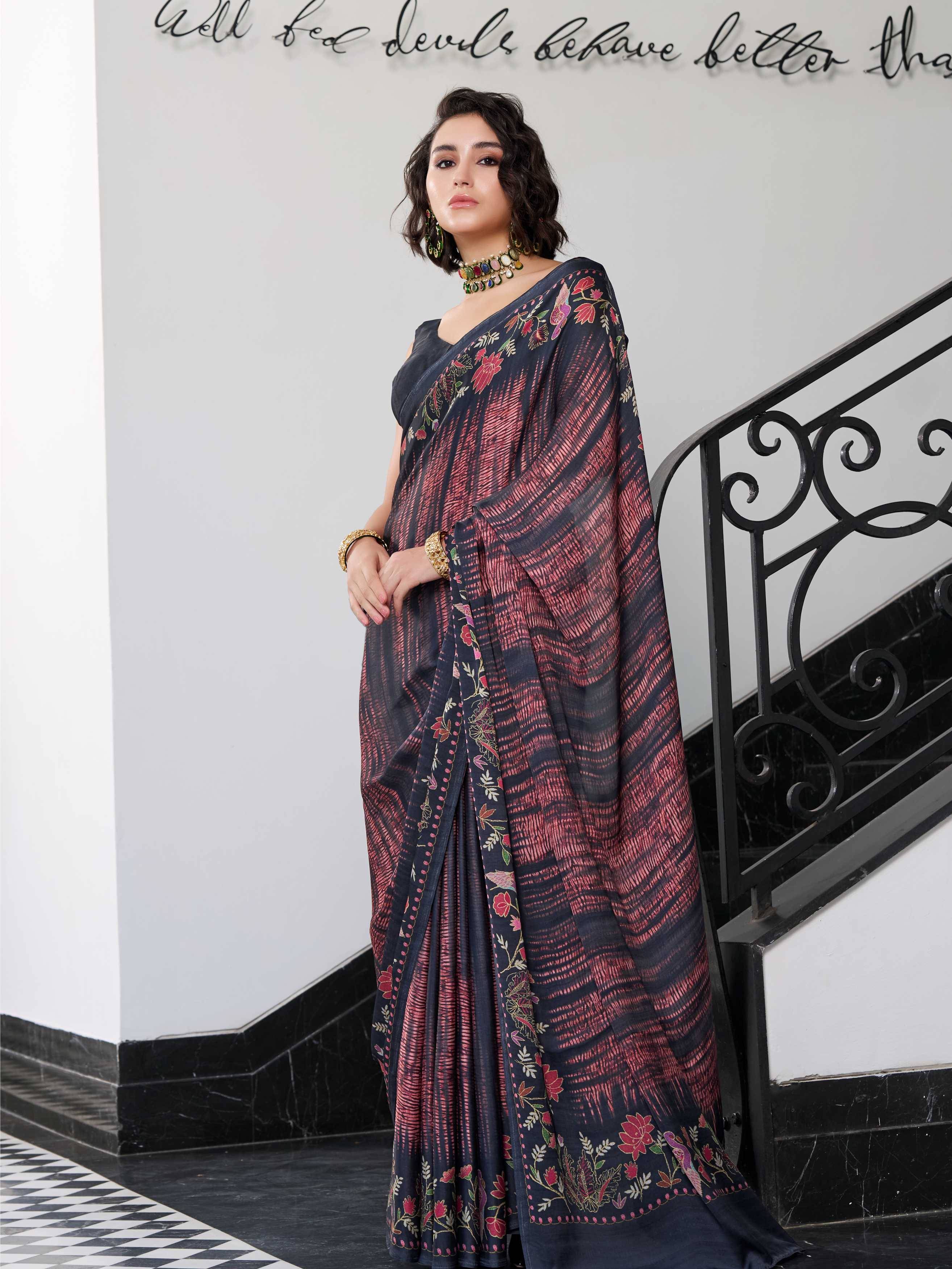 Burnt Maroon Fusion Floral Satin Georgette Saree
