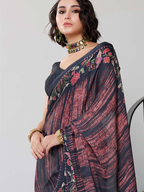 Burnt Maroon Fusion Floral Satin Georgette Saree