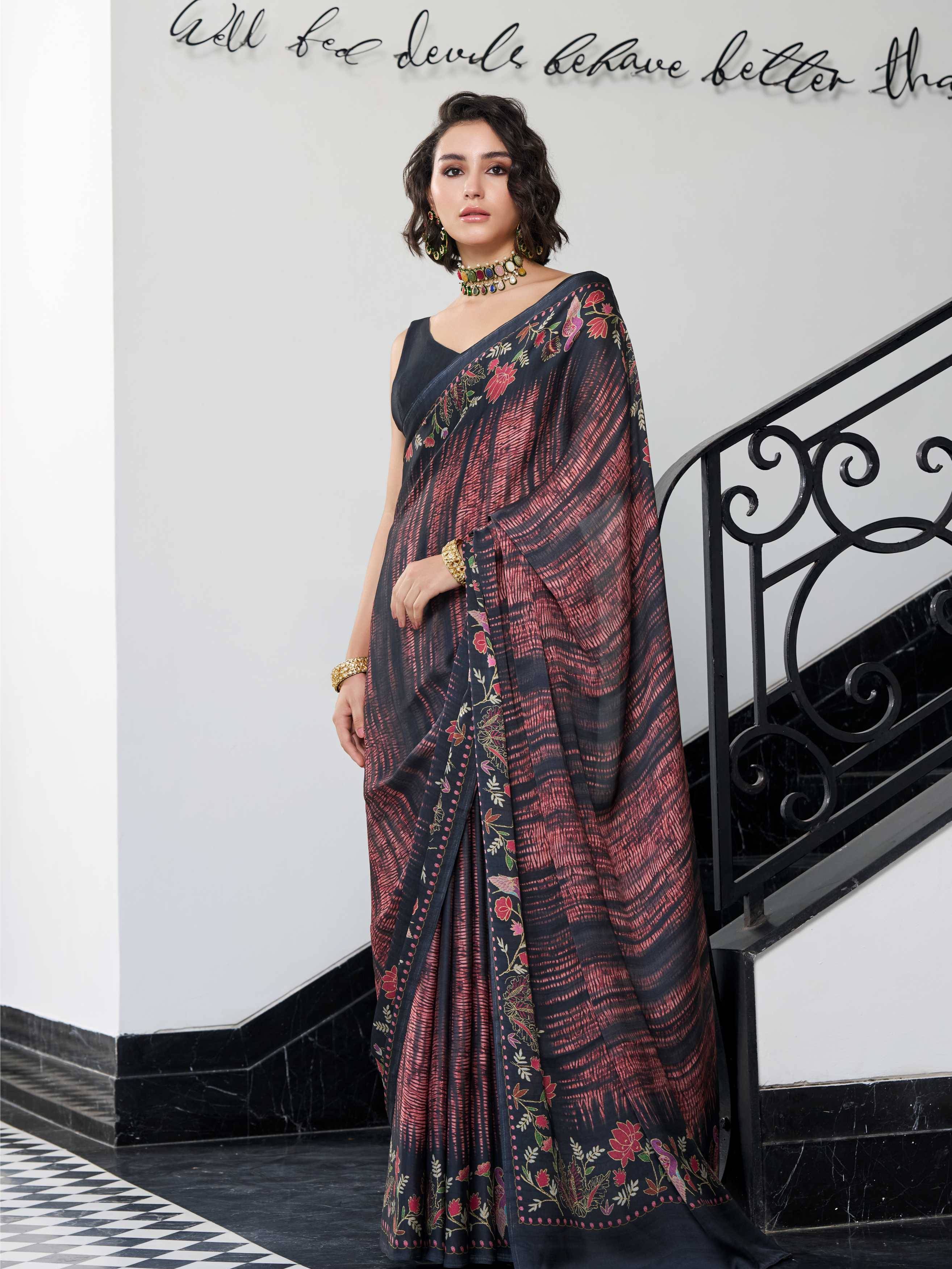 Burnt Maroon Fusion Floral Satin Georgette Saree