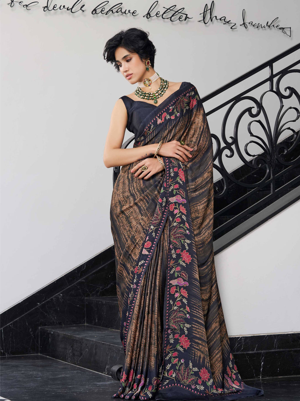 Olive Brown Fusion Floral Satin Georgette Saree
