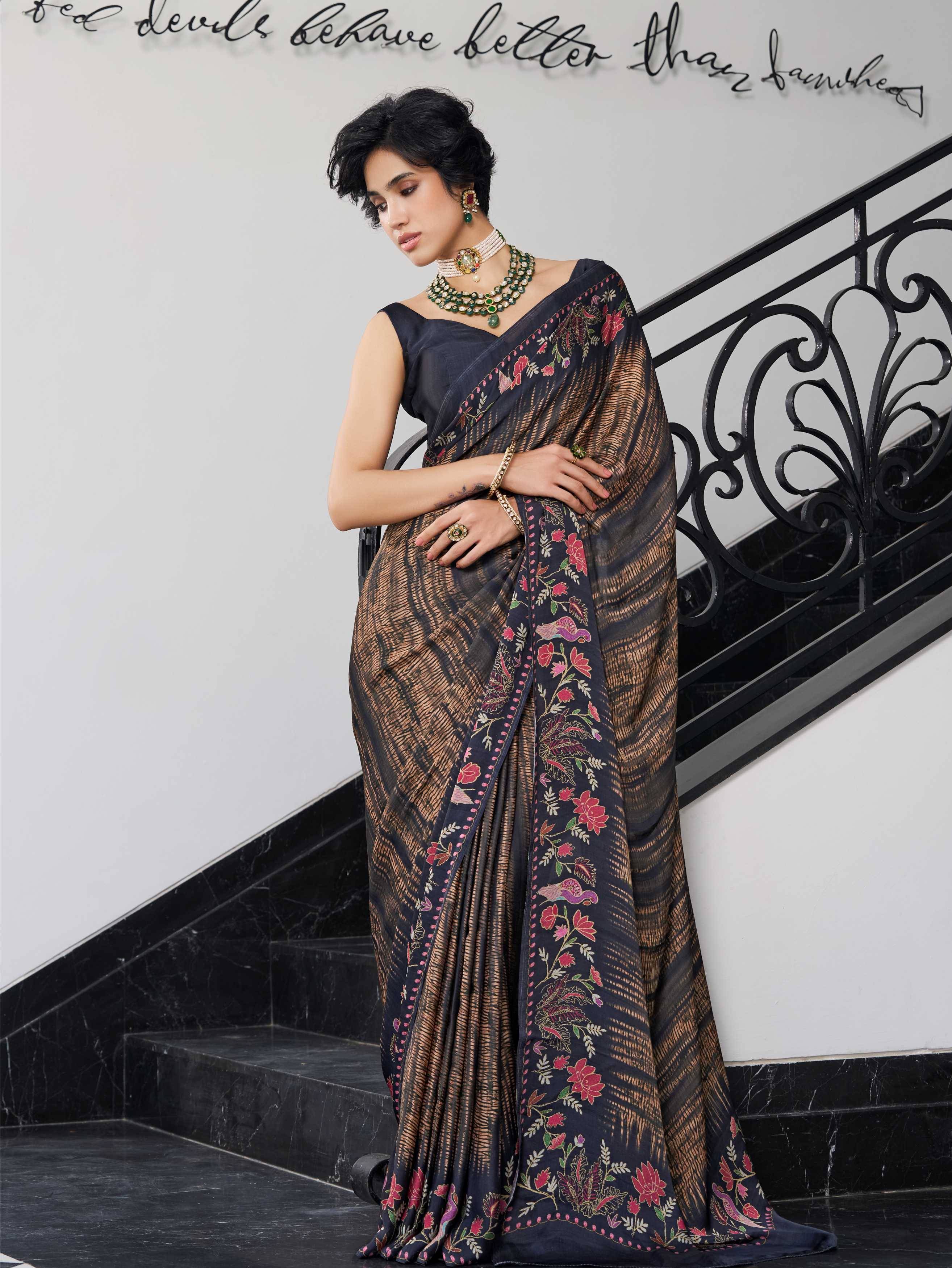 Olive Brown Fusion Floral Satin Georgette Saree
