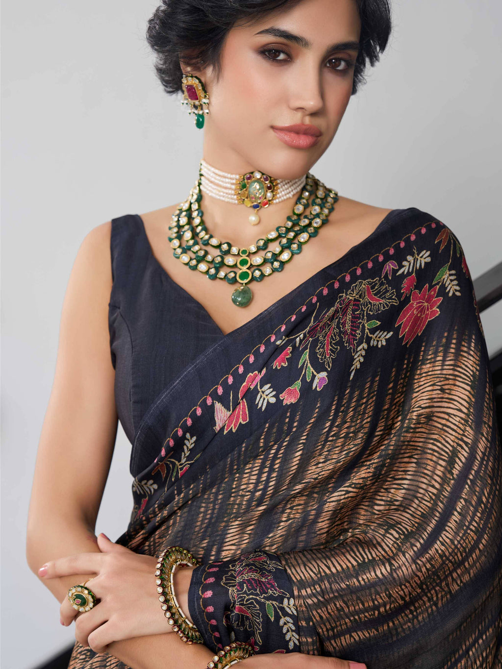 Olive Brown Fusion Floral Satin Georgette Saree