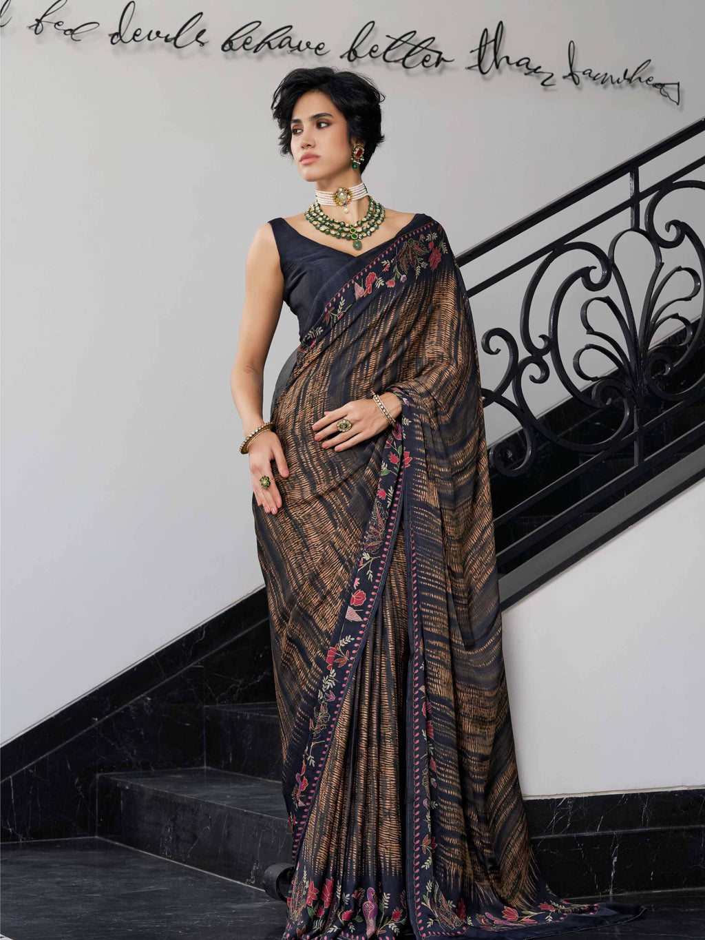 Olive Brown Fusion Floral Satin Georgette Saree