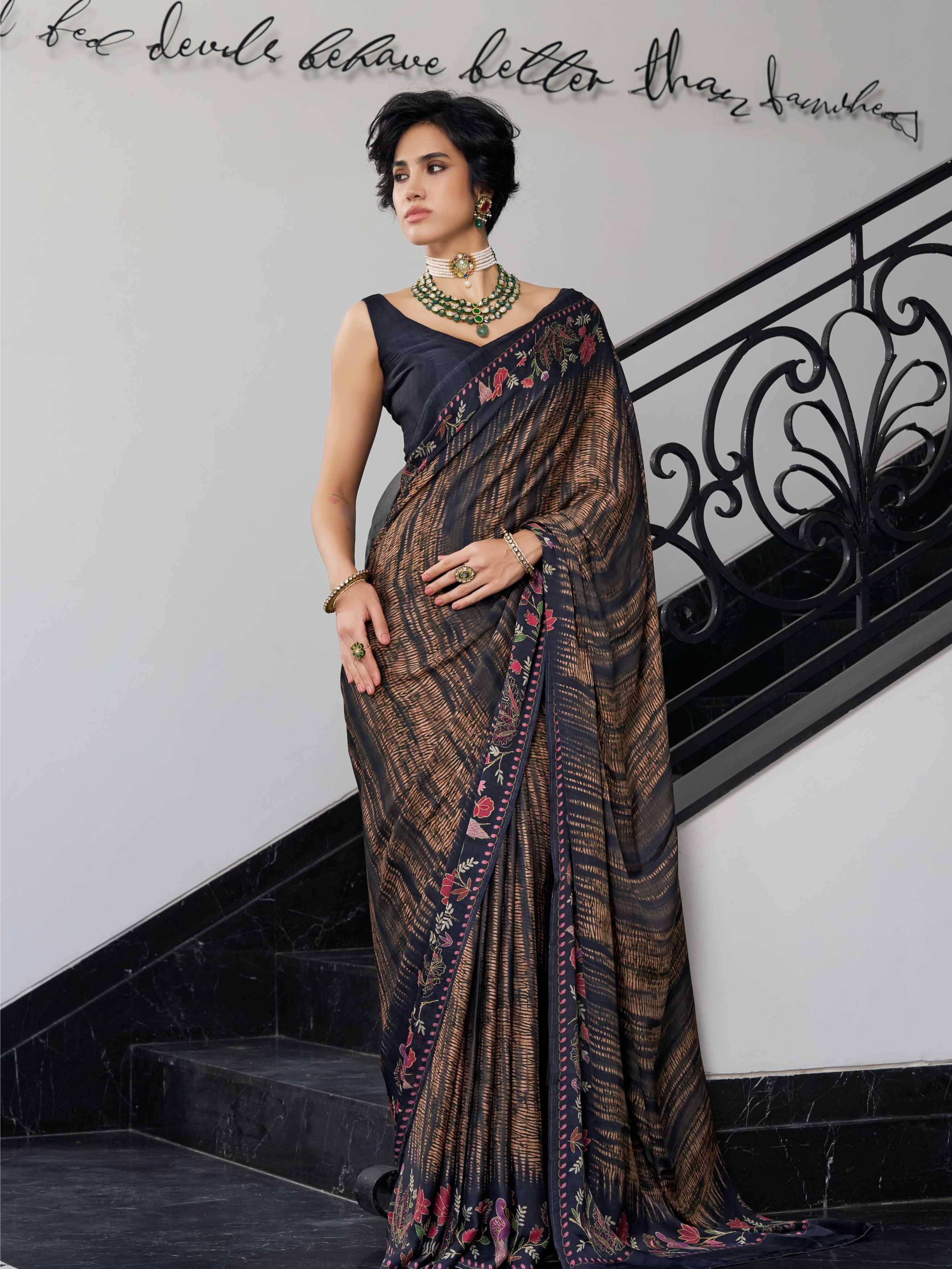 Olive Brown Fusion Floral Satin Georgette Saree