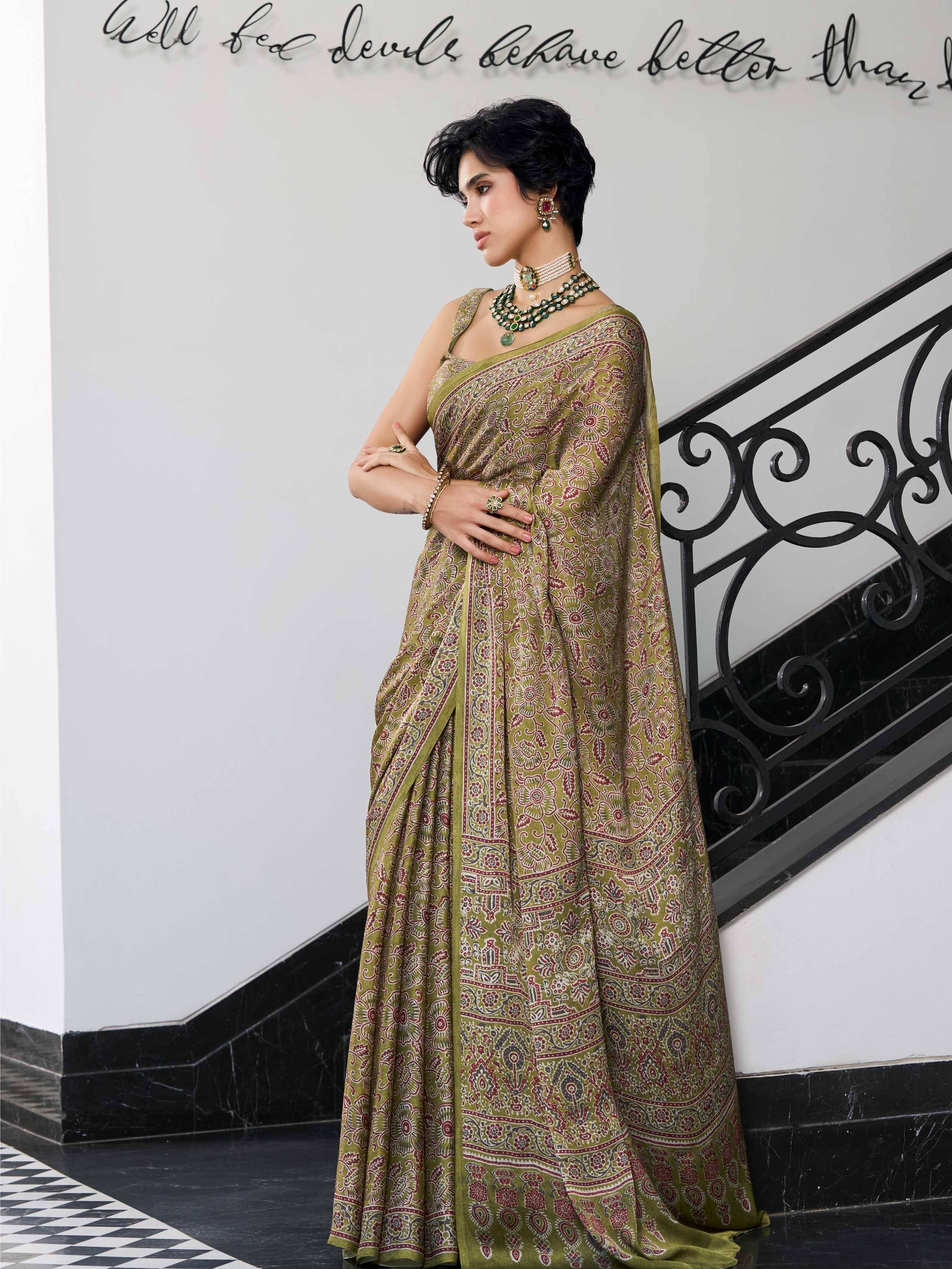 Moss Green Ethnic Motif Satin Georgette Saree