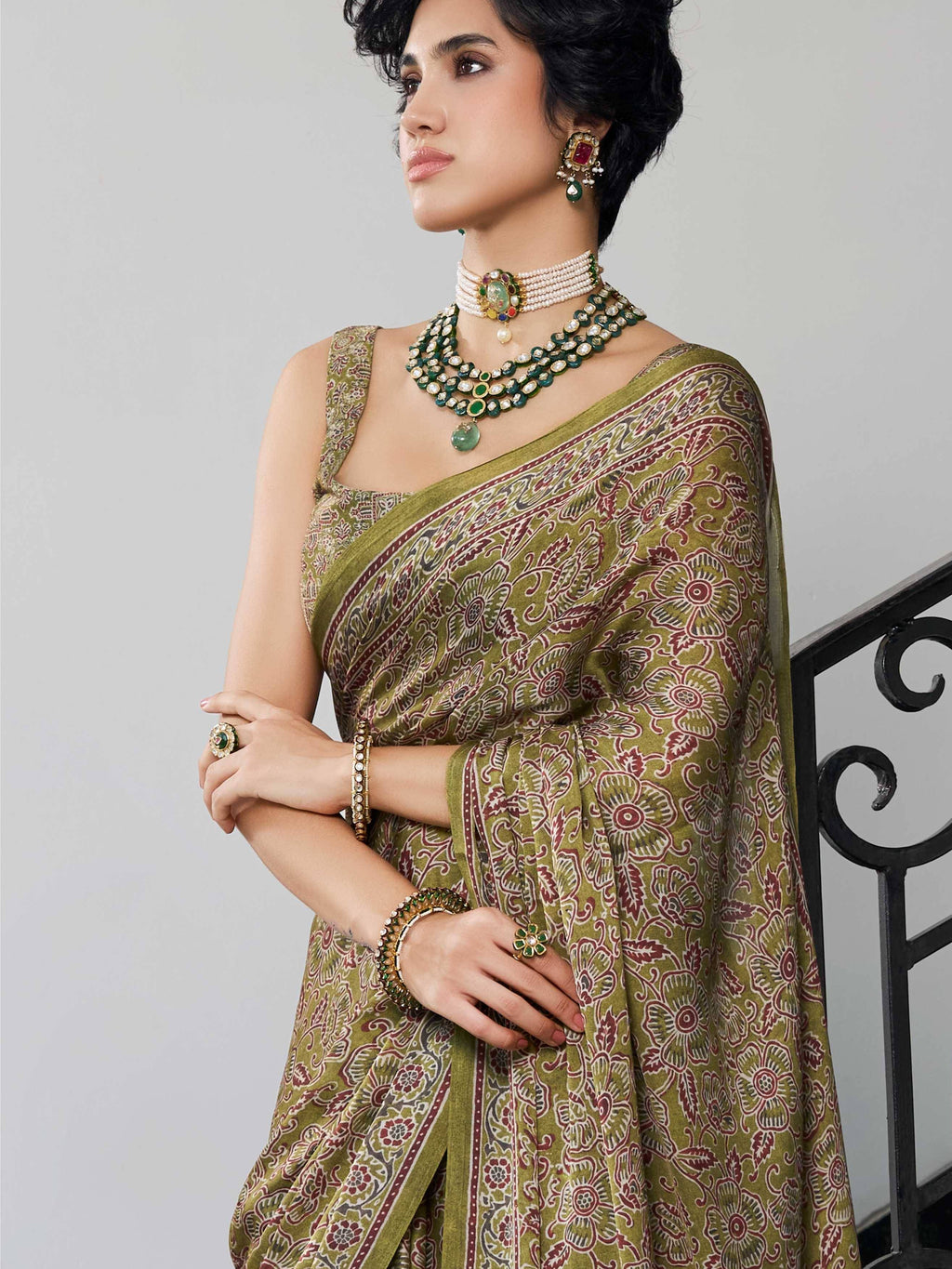 Moss Green Ethnic Motif Satin Georgette Saree
