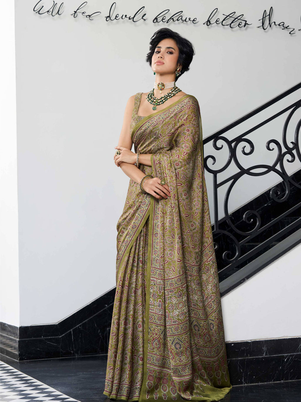 Moss Green Ethnic Motif Satin Georgette Saree