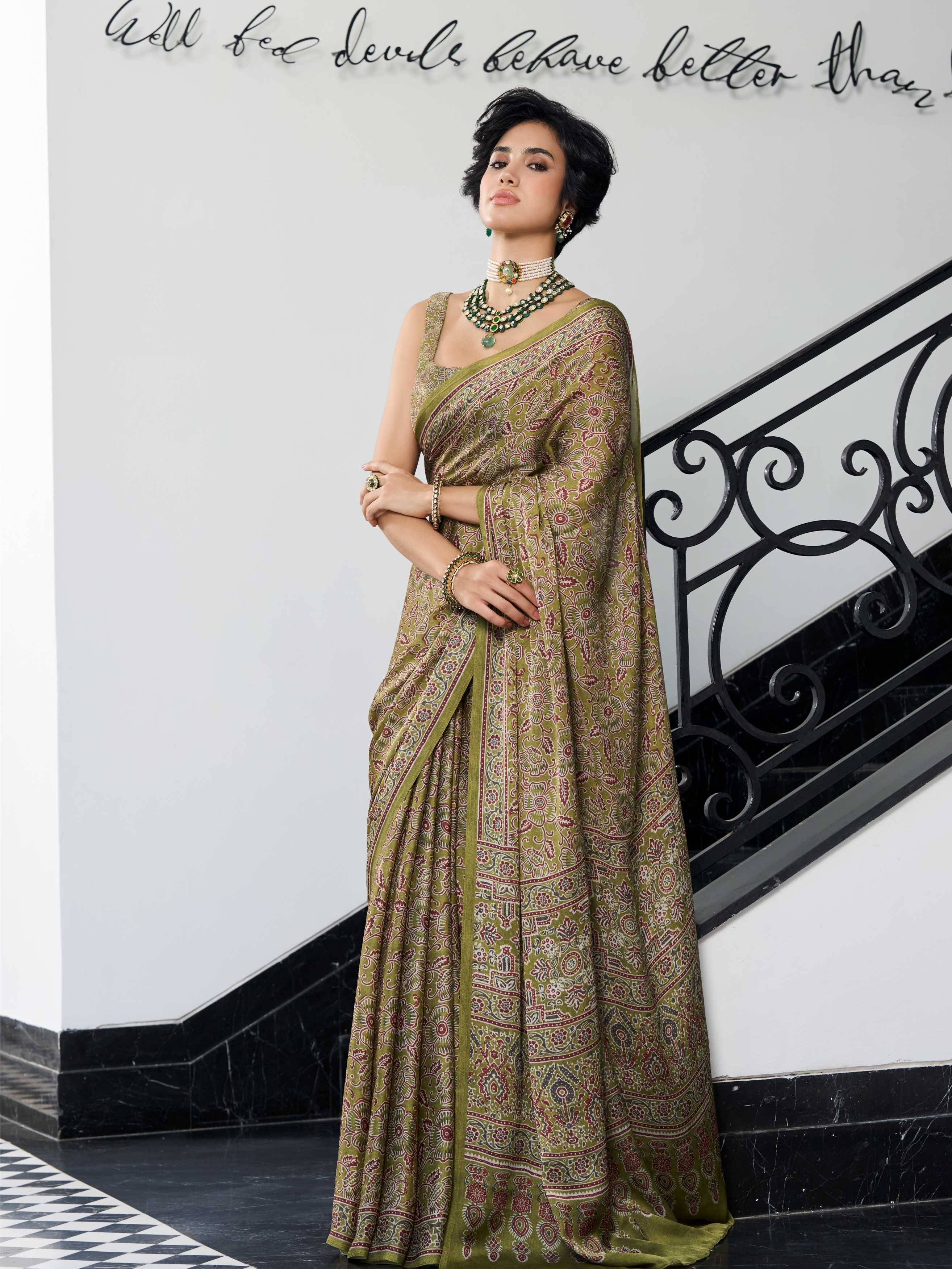 Moss Green Ethnic Motif Satin Georgette Saree