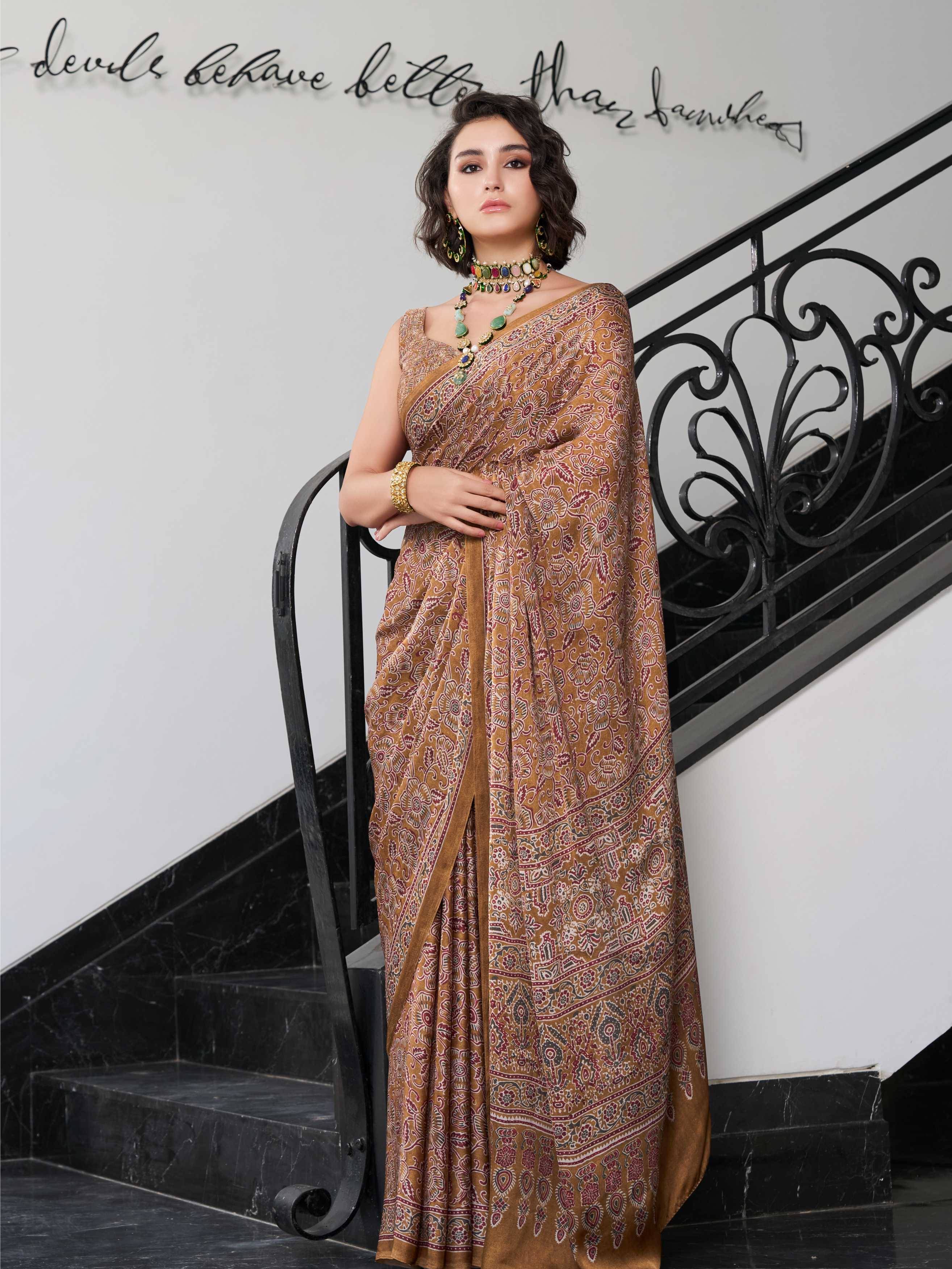 Earthy Khaki Ethnic Motif Satin Georgette Saree