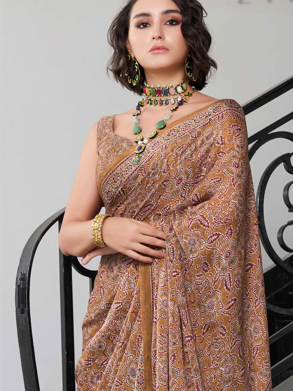Earthy Khaki Ethnic Motif Satin Georgette Saree