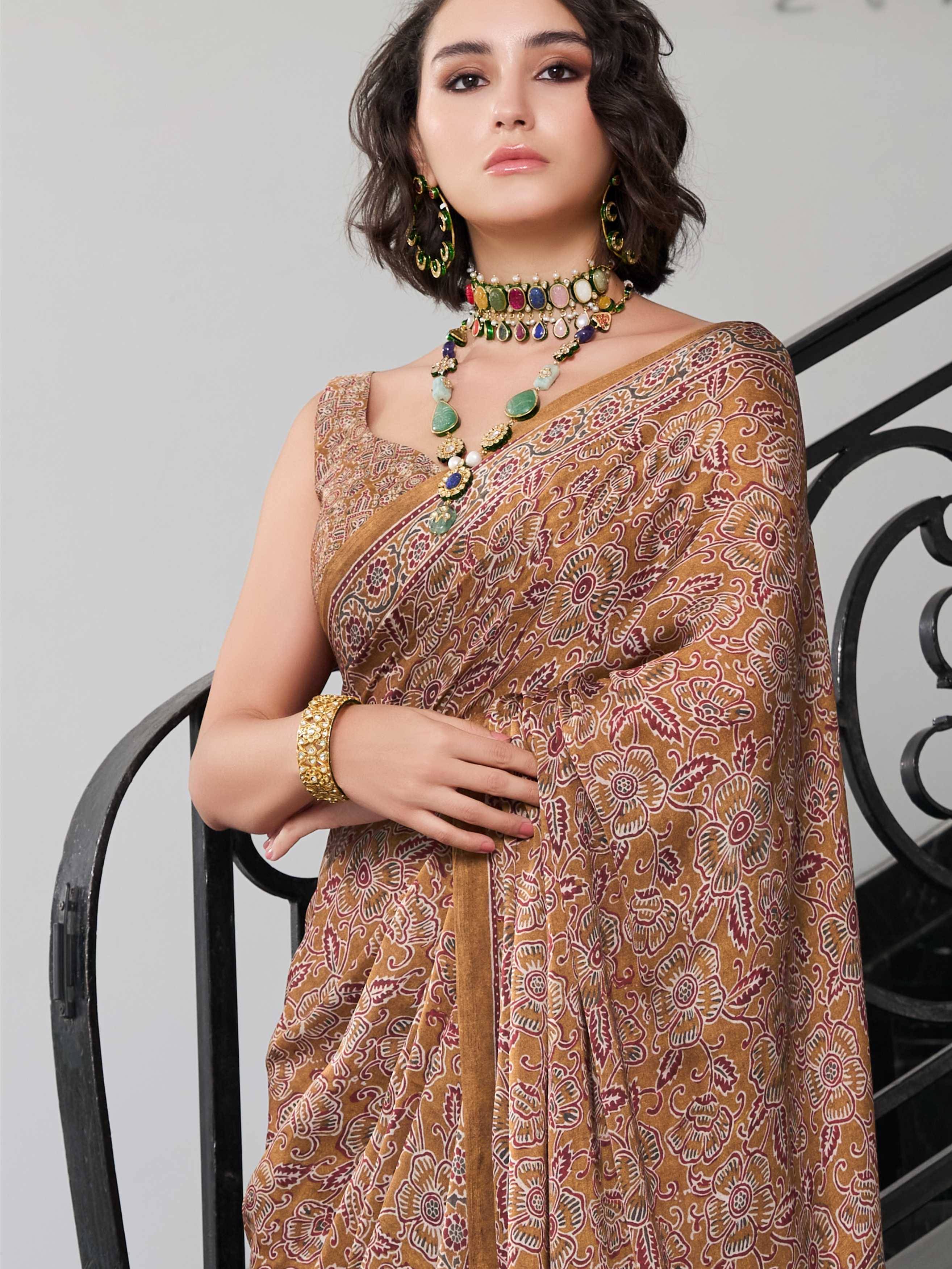 Earthy Khaki Ethnic Motif Satin Georgette Saree