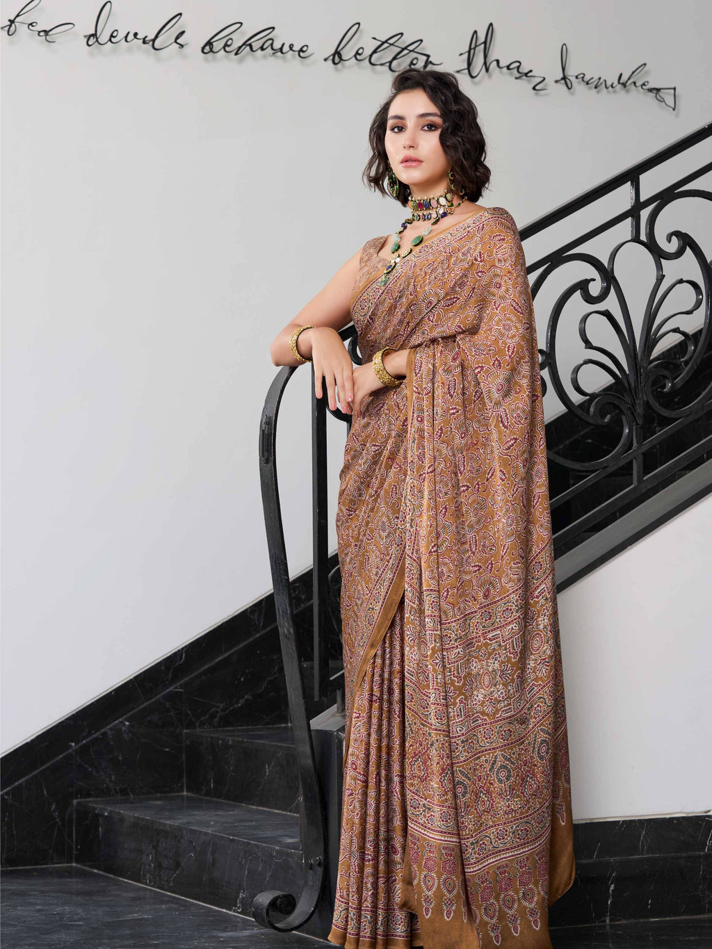 Earthy Khaki Ethnic Motif Satin Georgette Saree