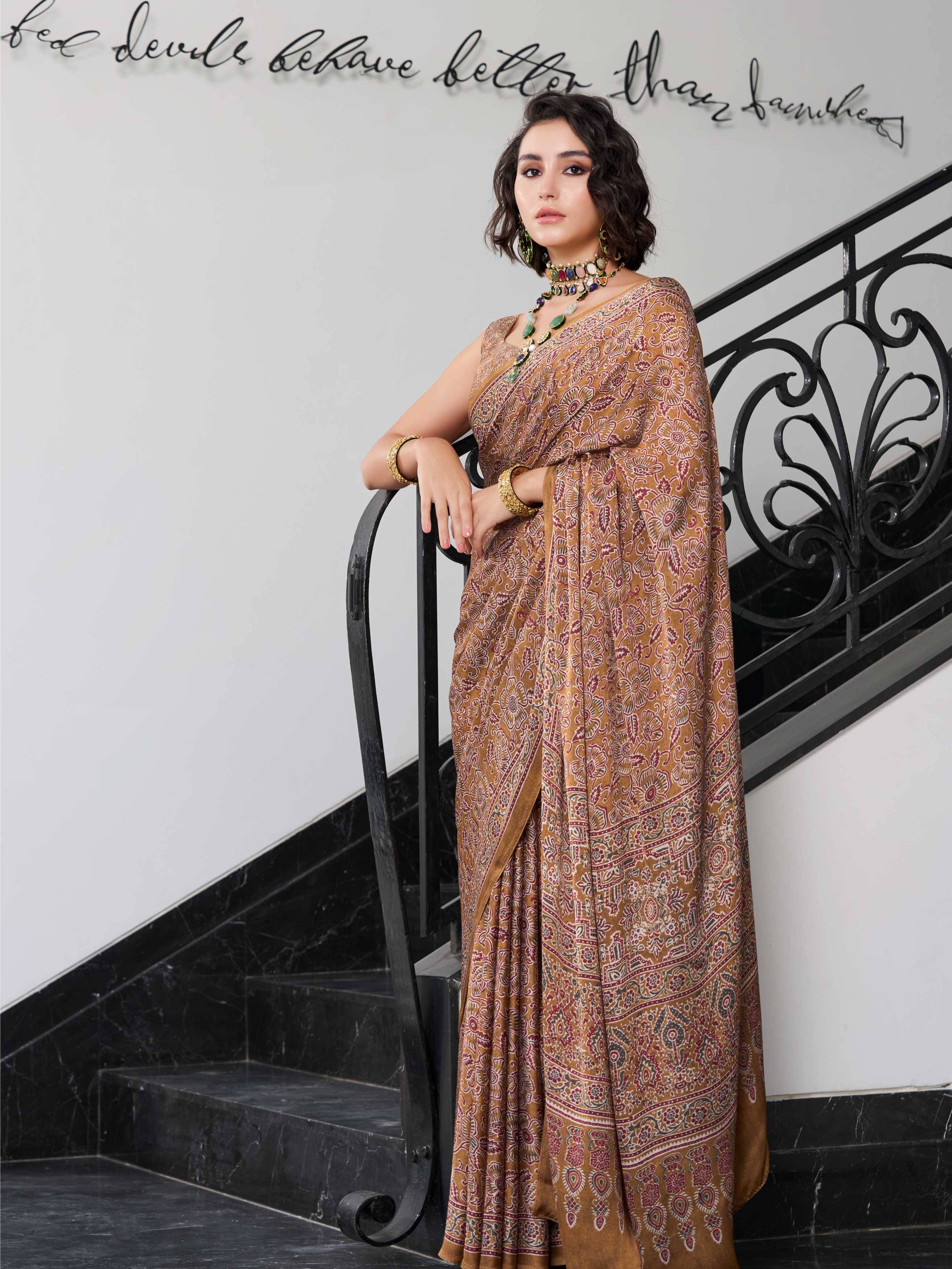 Earthy Khaki Ethnic Motif Satin Georgette Saree