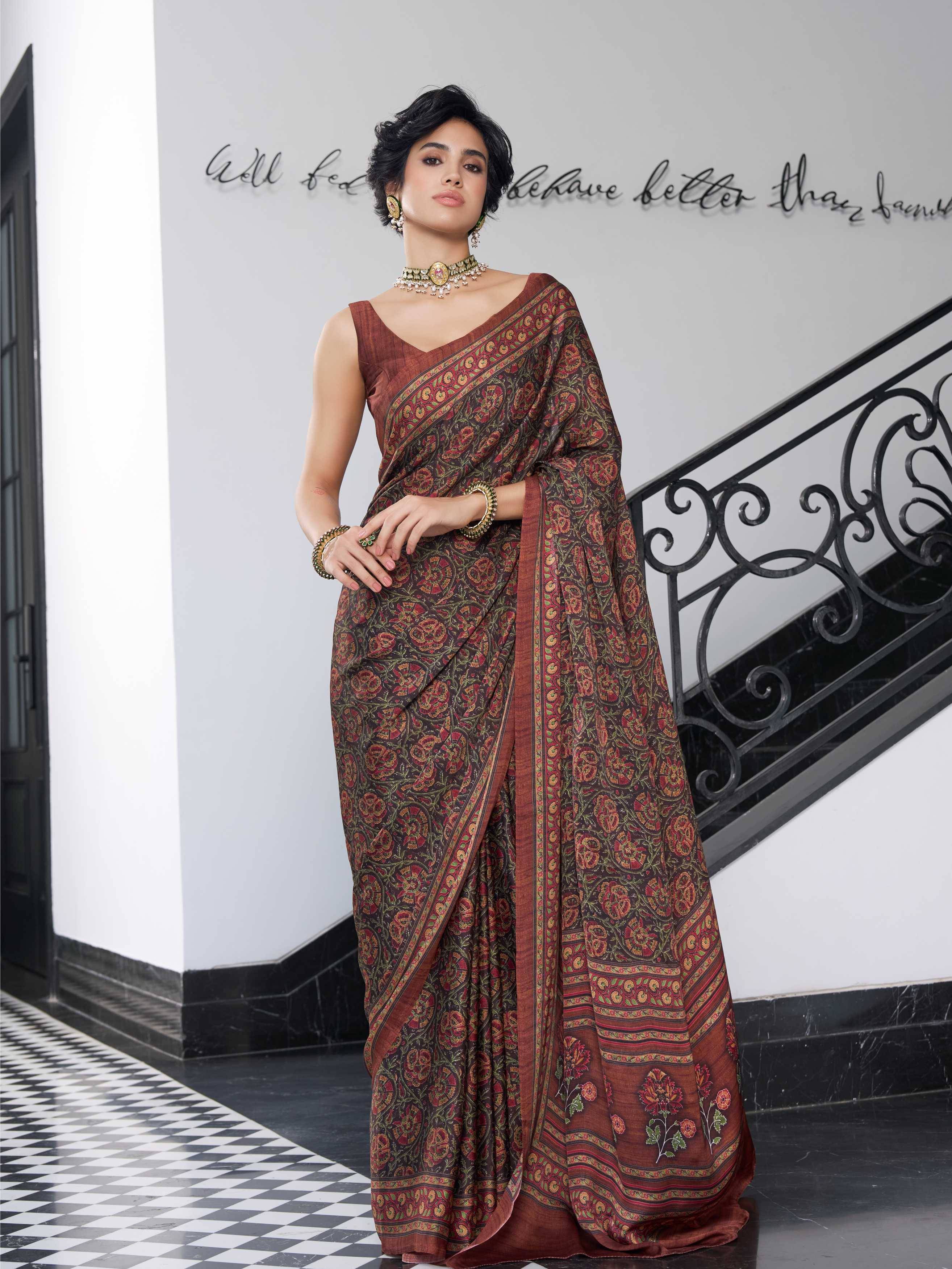 Modal Silk Botanical Coffee Brown Saree