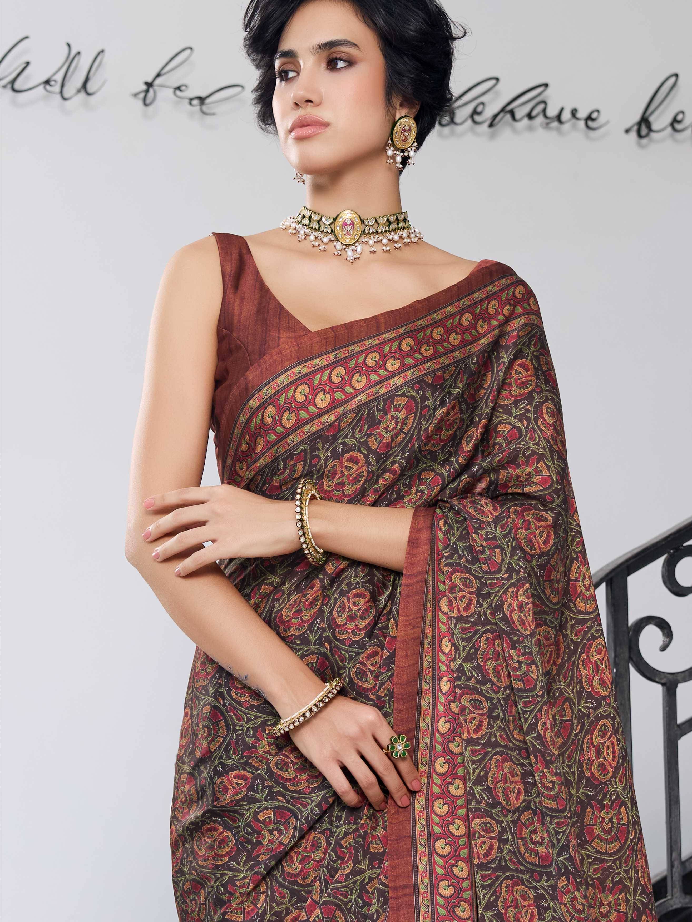 Modal Silk Botanical Coffee Brown Saree