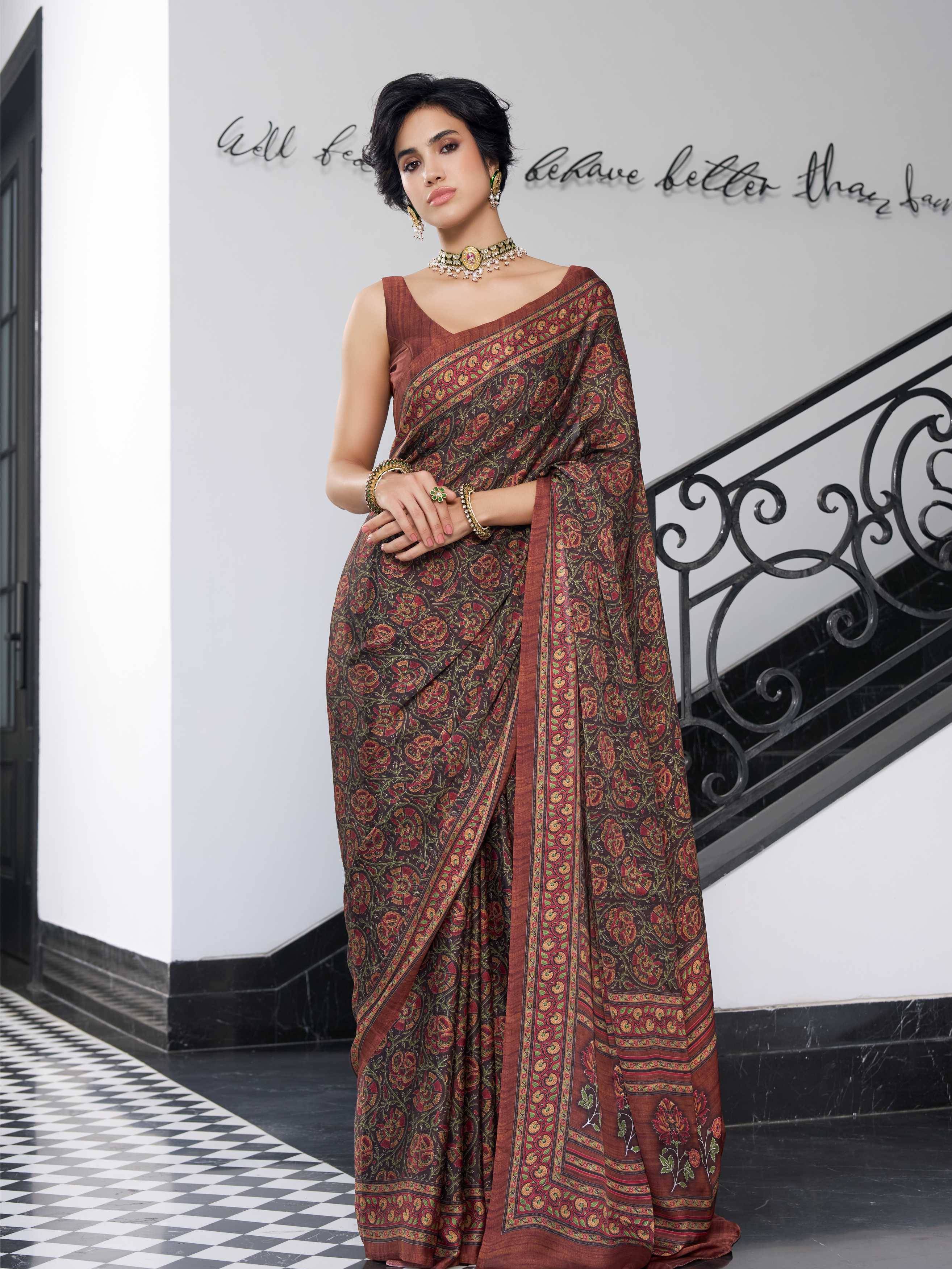 Modal Silk Botanical Coffee Brown Saree