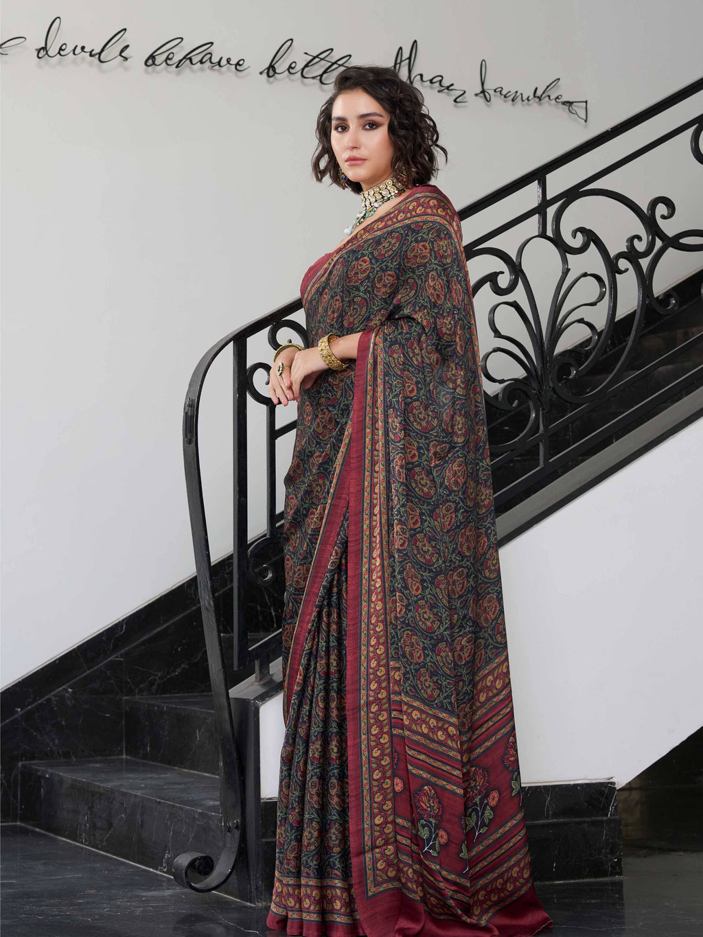 Rust Maroon Botanical Print Satin Georgette Saree