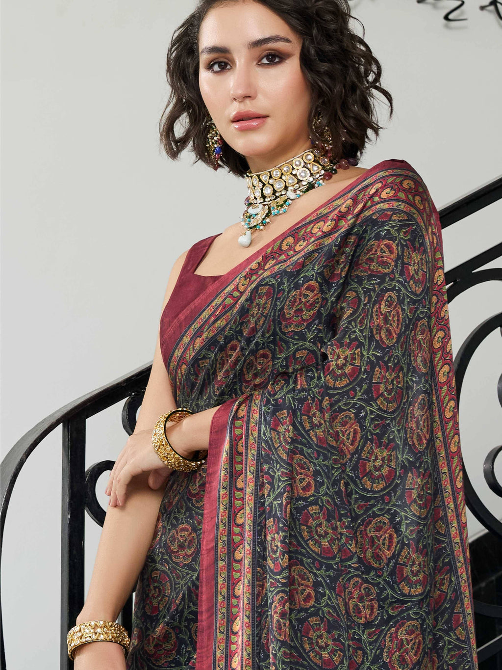 Rust Maroon Botanical Print Satin Georgette Saree
