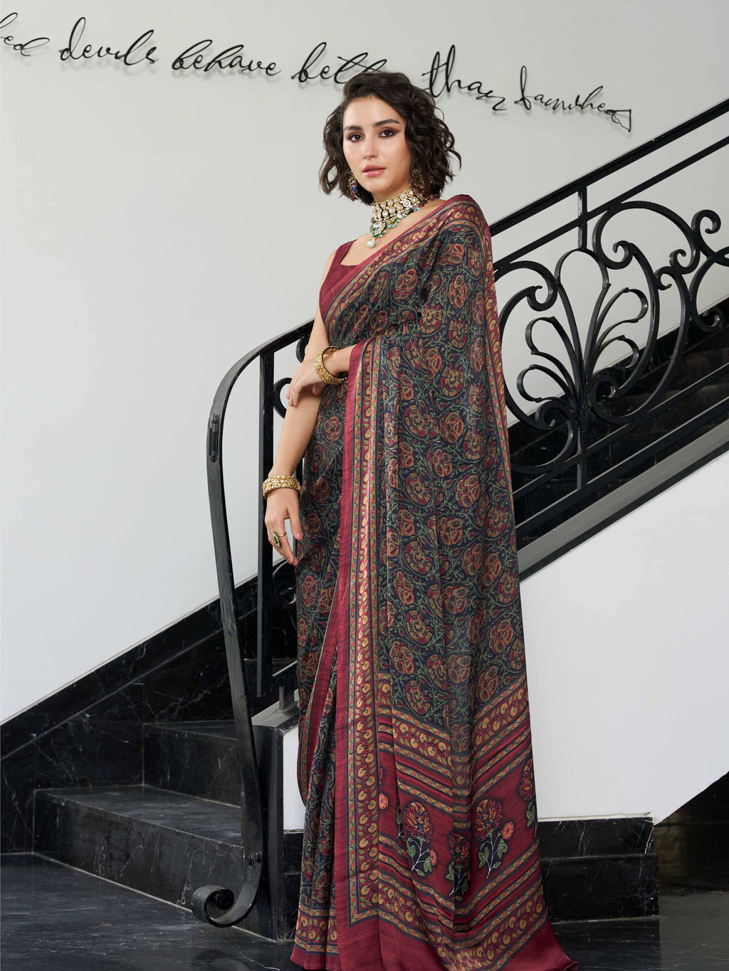 Rust Maroon Botanical Print Satin Georgette Saree