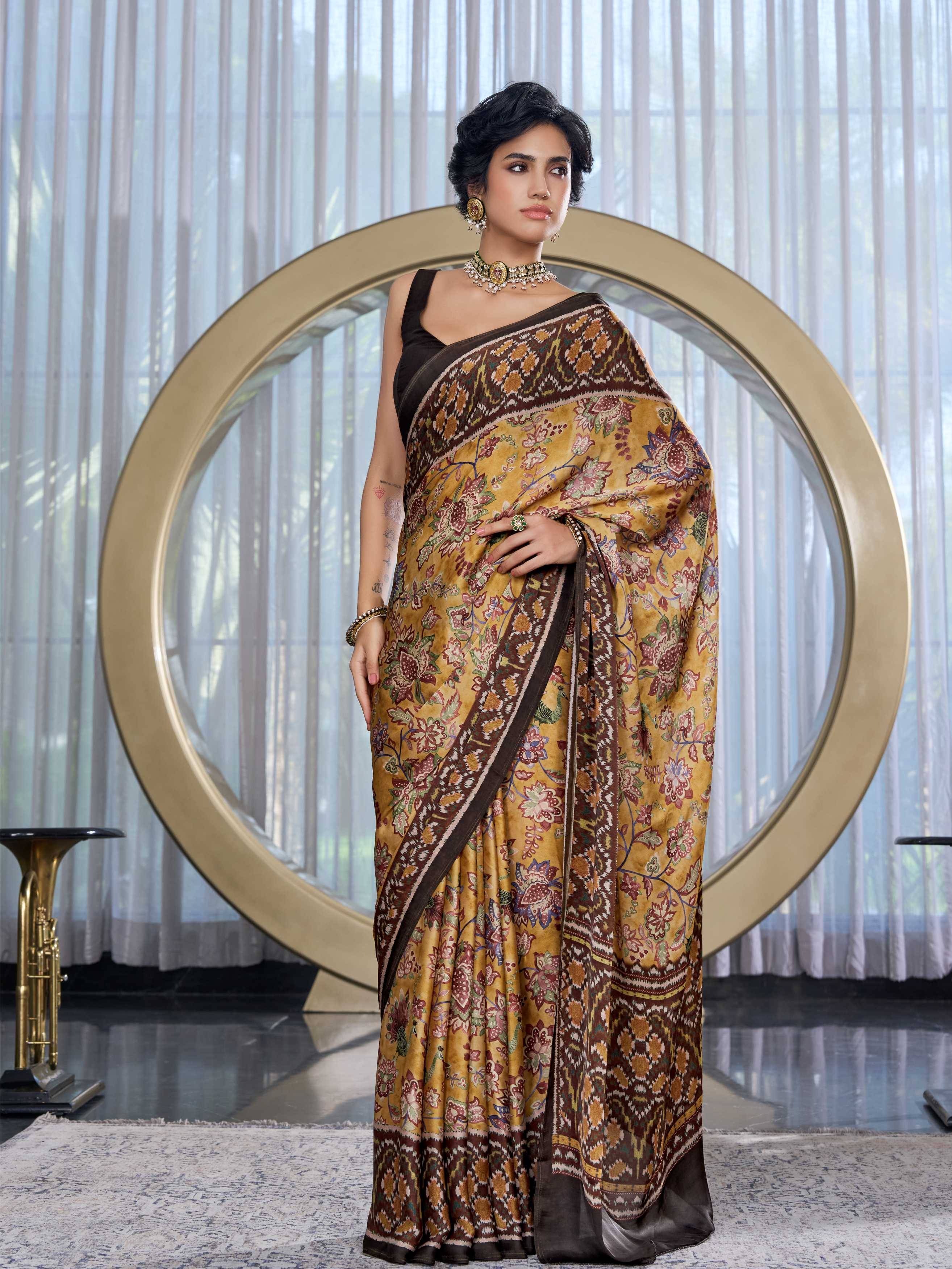 Modal Silk Fusion Floral Antique Gold Saree
