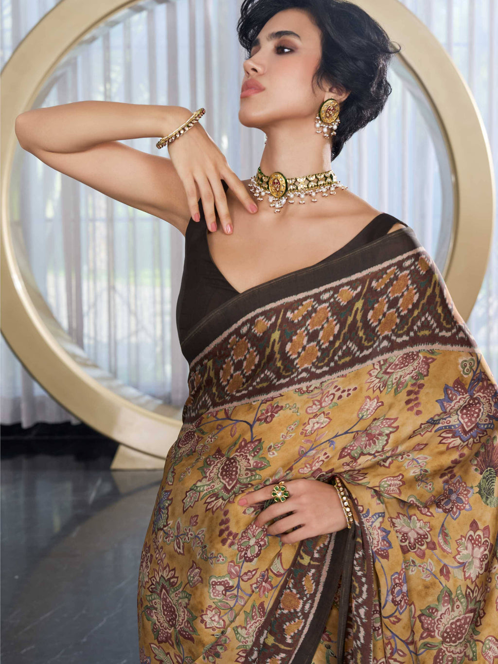 Antique Gold Fusion Floral Satin Georgette Saree