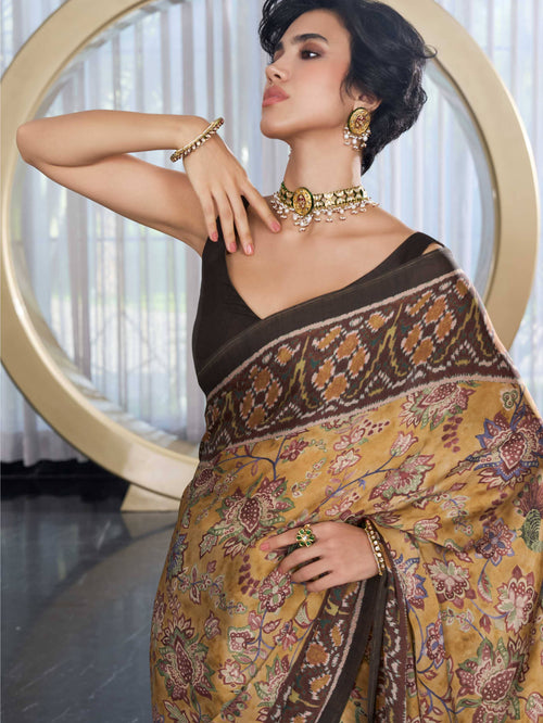 Antique Gold Fusion Floral Satin Georgette Saree