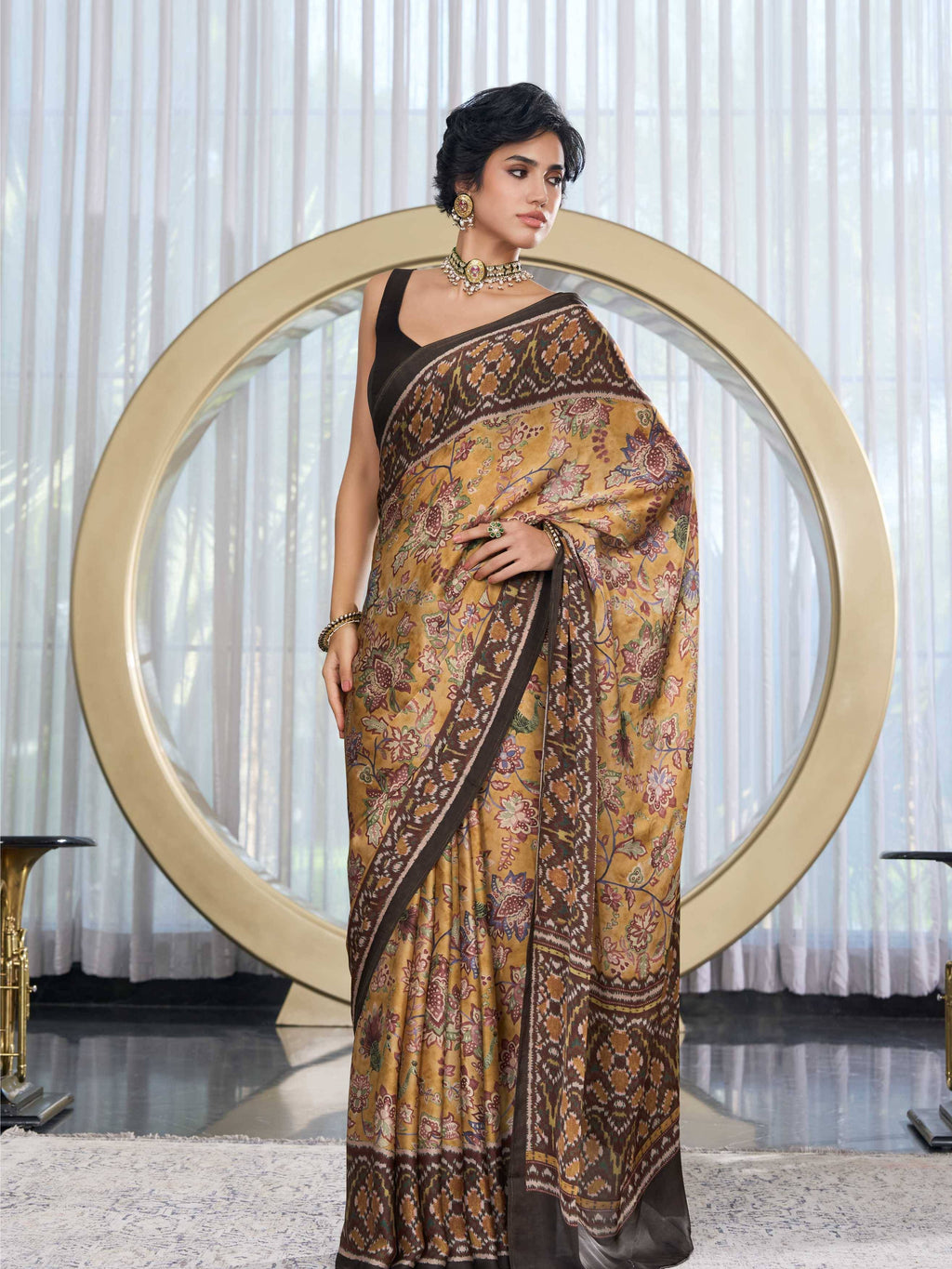 Antique Gold Fusion Floral Satin Georgette Saree