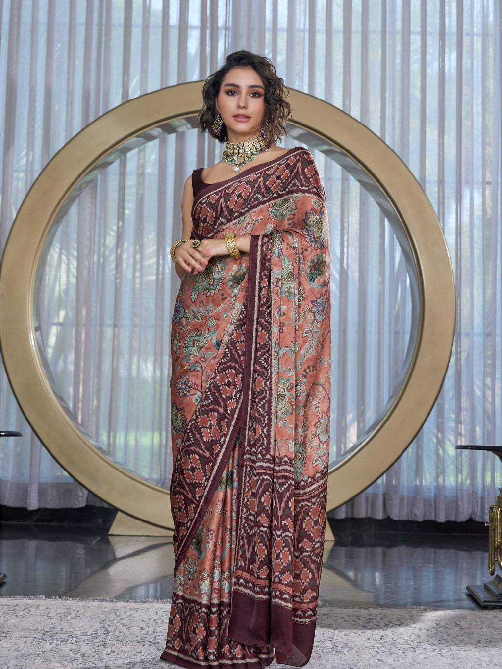 Sand Brown Fusion Floral Satin Georgette Saree