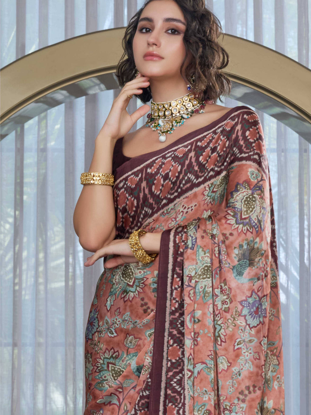 Sand Brown Fusion Floral Satin Georgette Saree