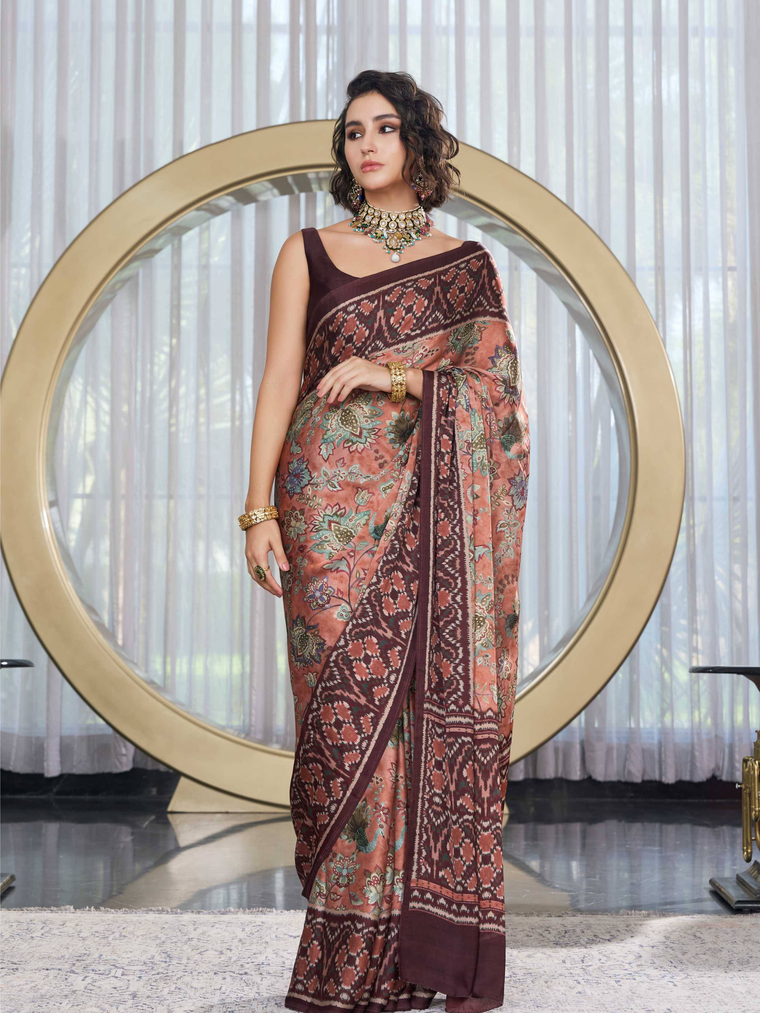 Modal Silk Fusion Floral Sand Brown Saree