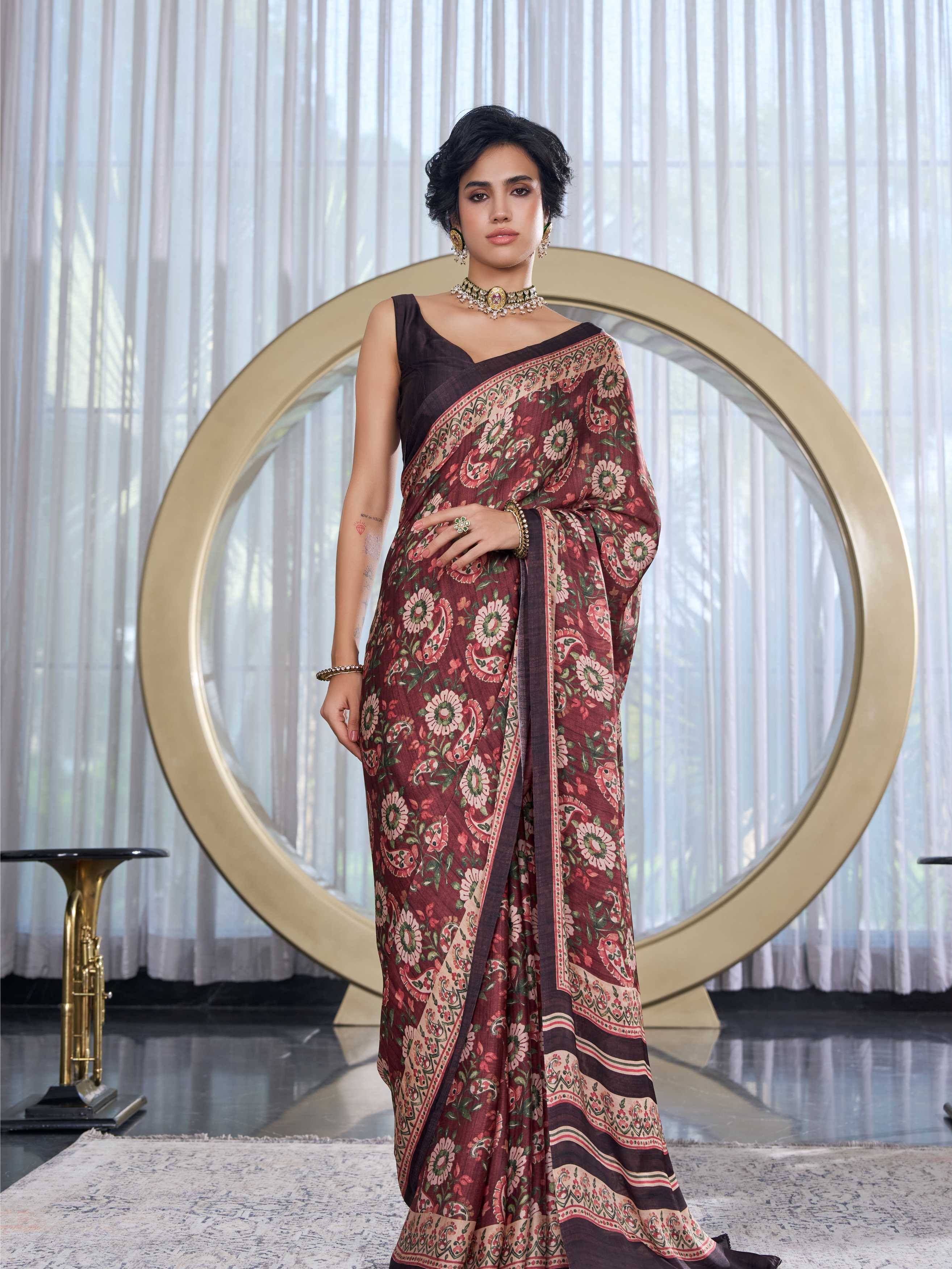 Modal Silk Fusion Floral Brick Red Saree