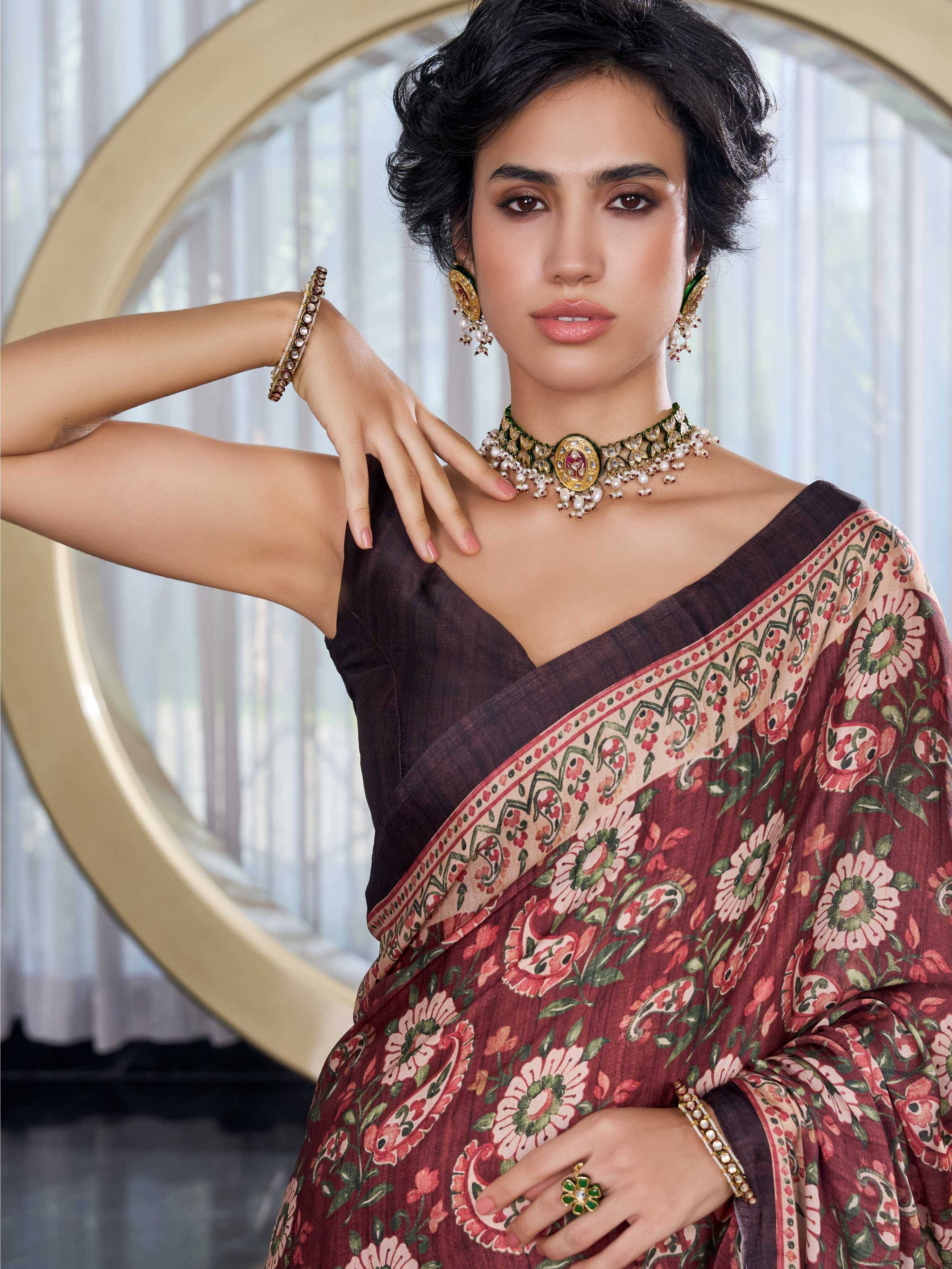 Modal Silk Fusion Floral Brick Red Saree