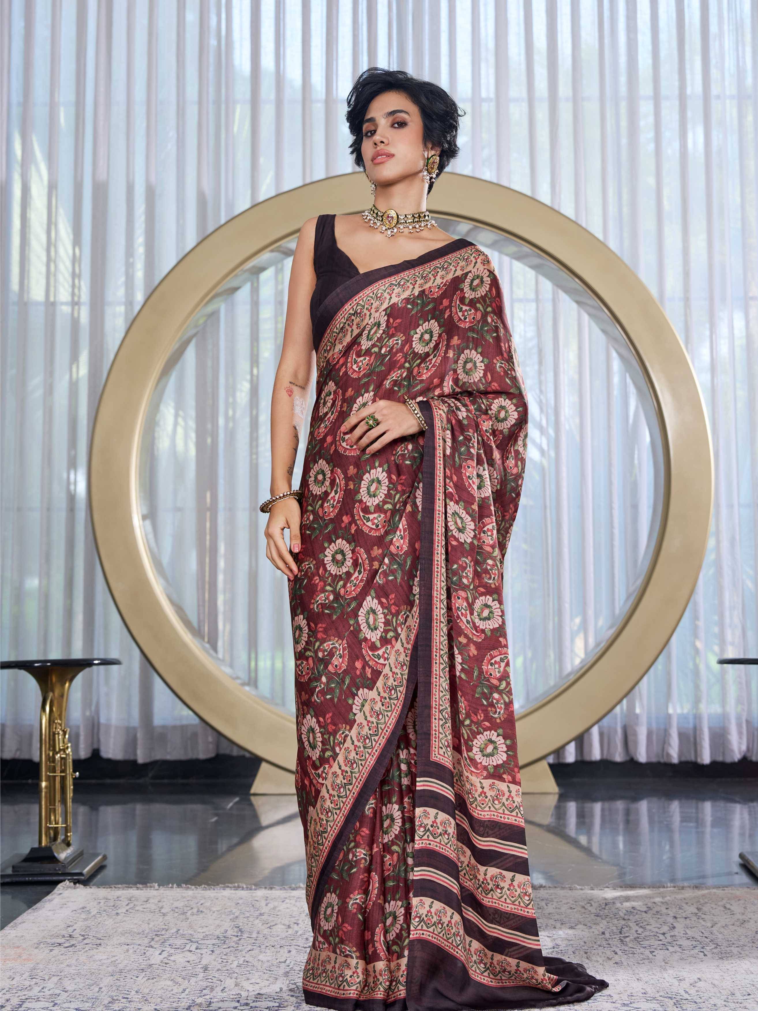 Modal Silk Fusion Floral Brick Red Saree