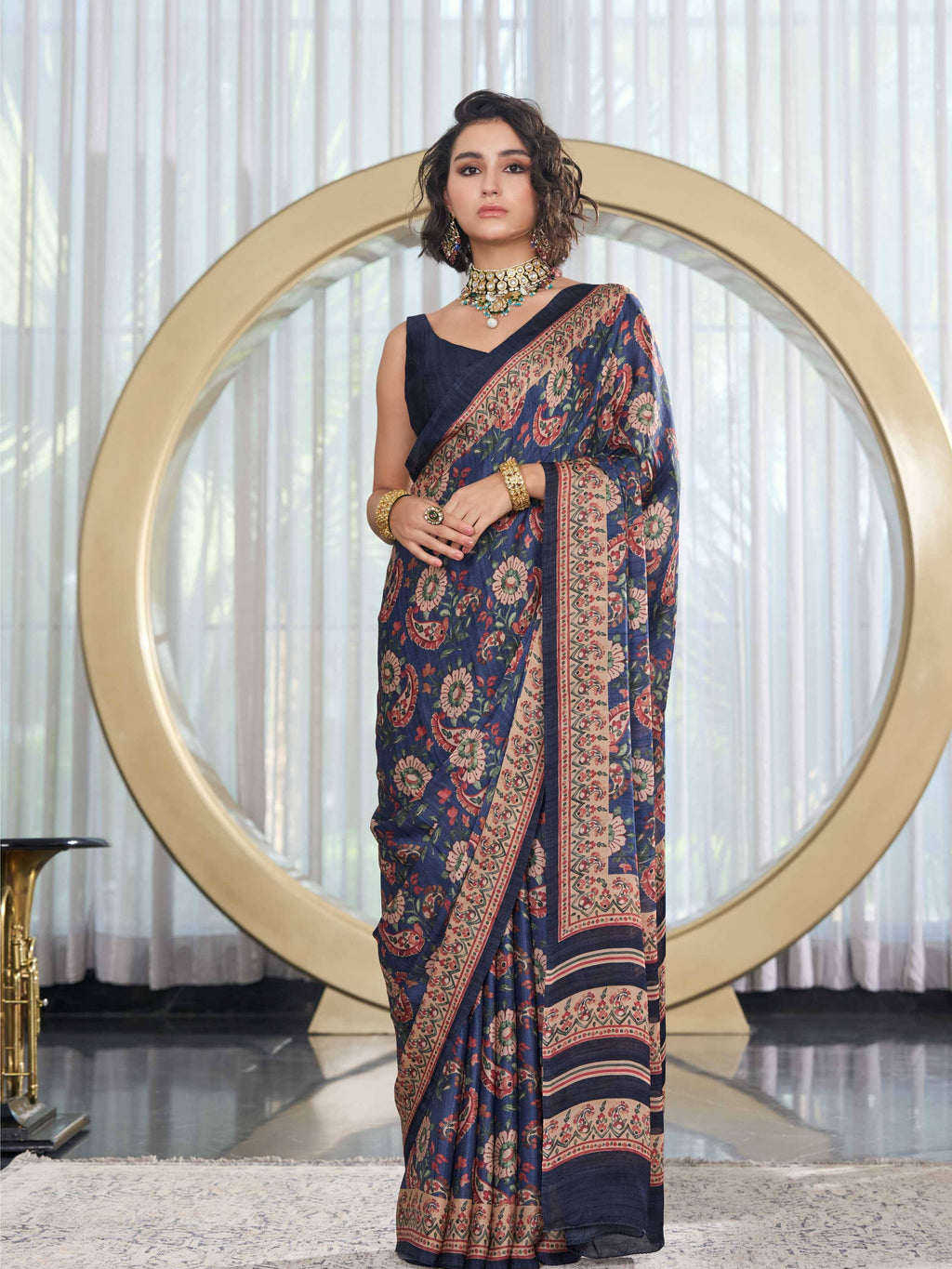 Indigo Blue Fusion Floral Satin Georgette Saree