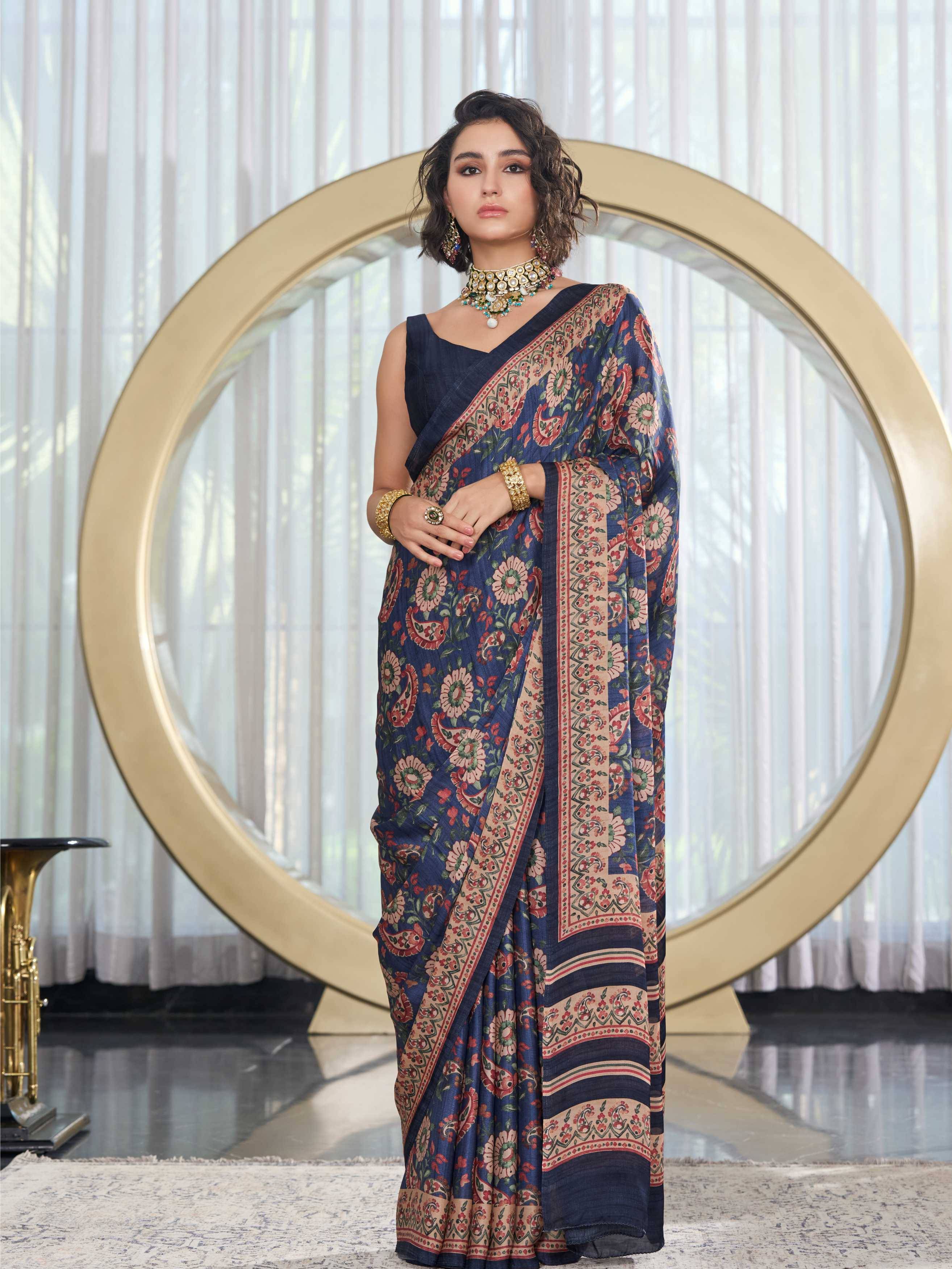 Modal Silk Fusion Floral Indigo Blue Saree