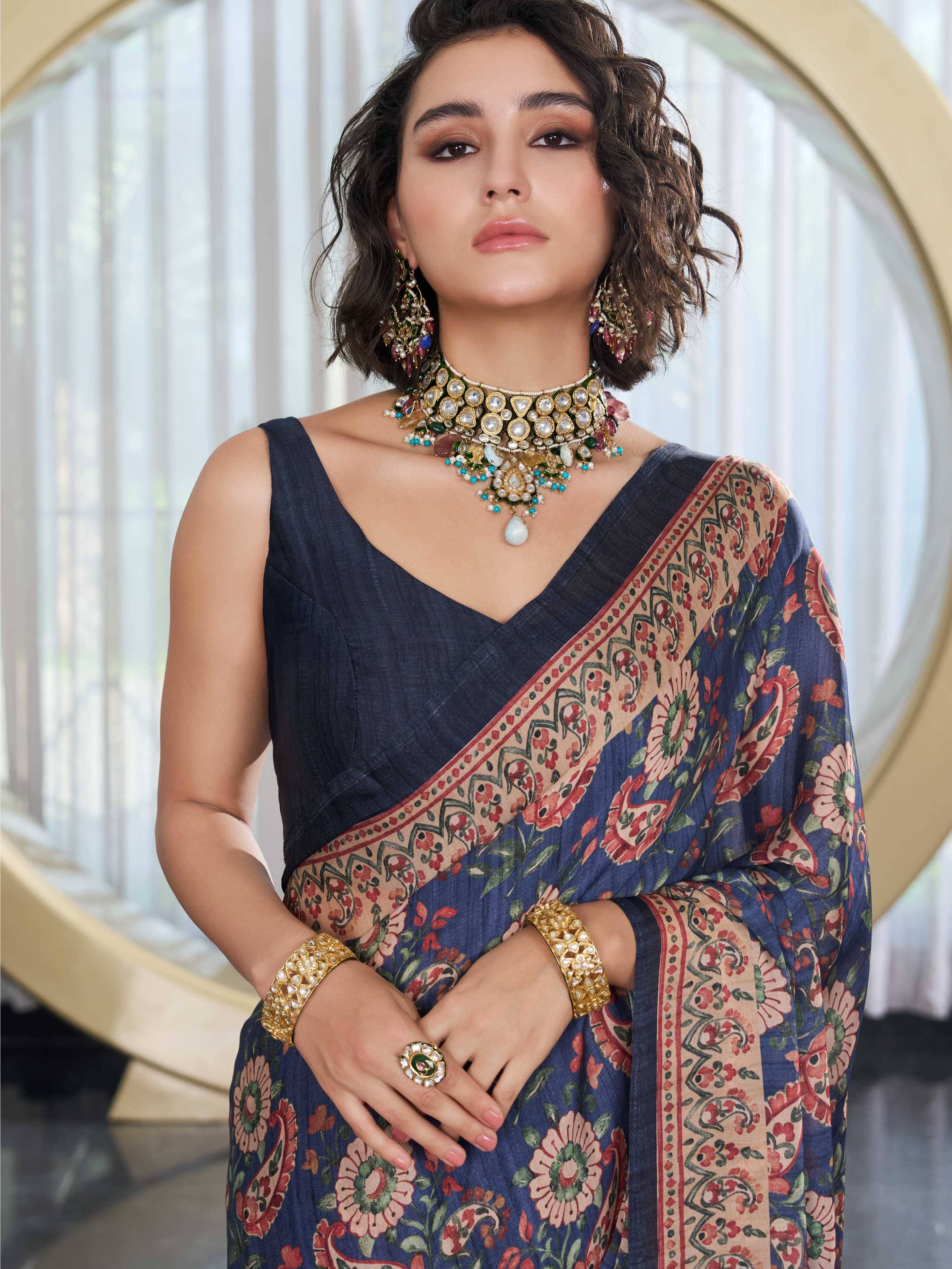 Modal Silk Fusion Floral Indigo Blue Saree