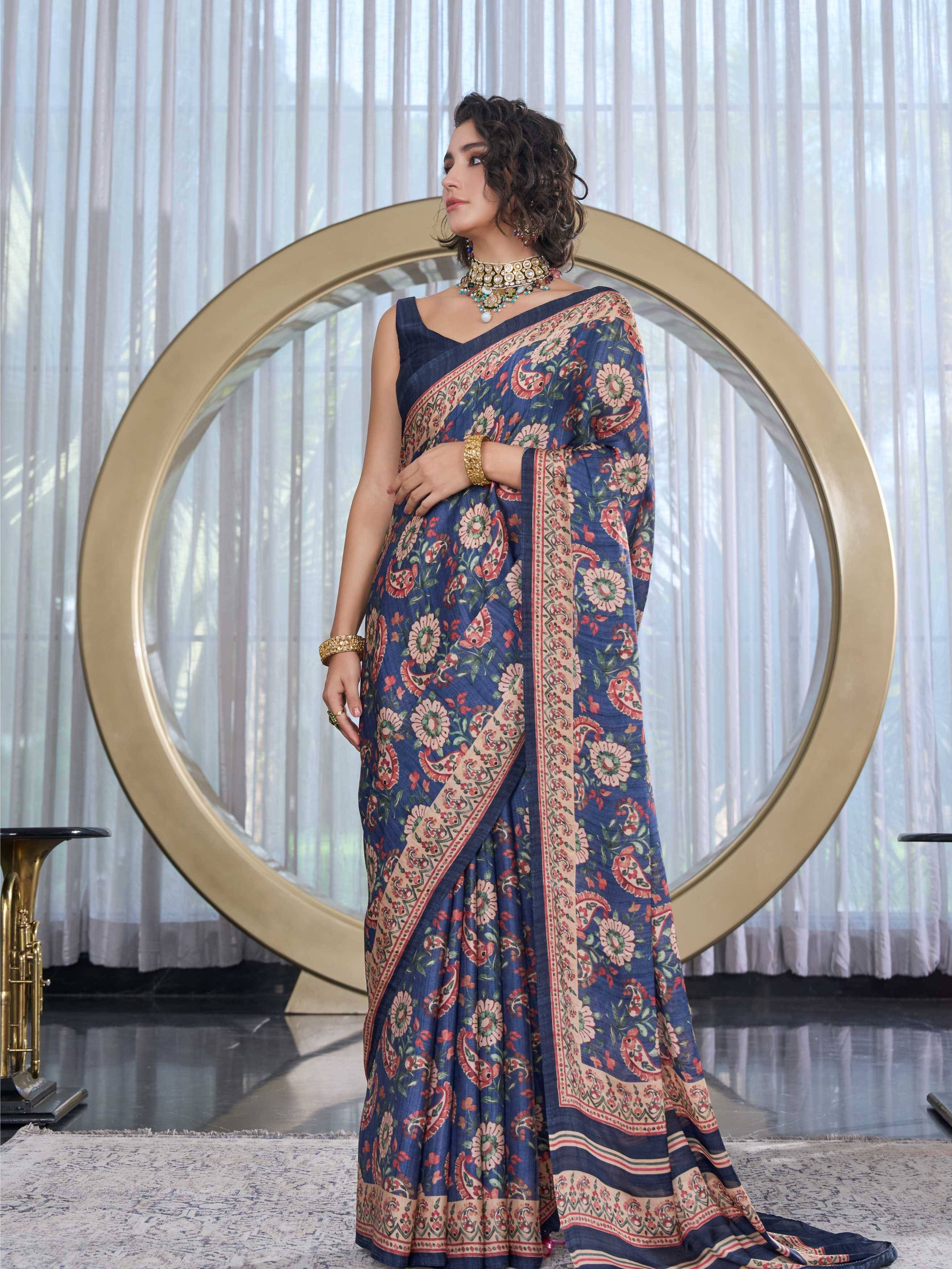 Modal Silk Fusion Floral Indigo Blue Saree