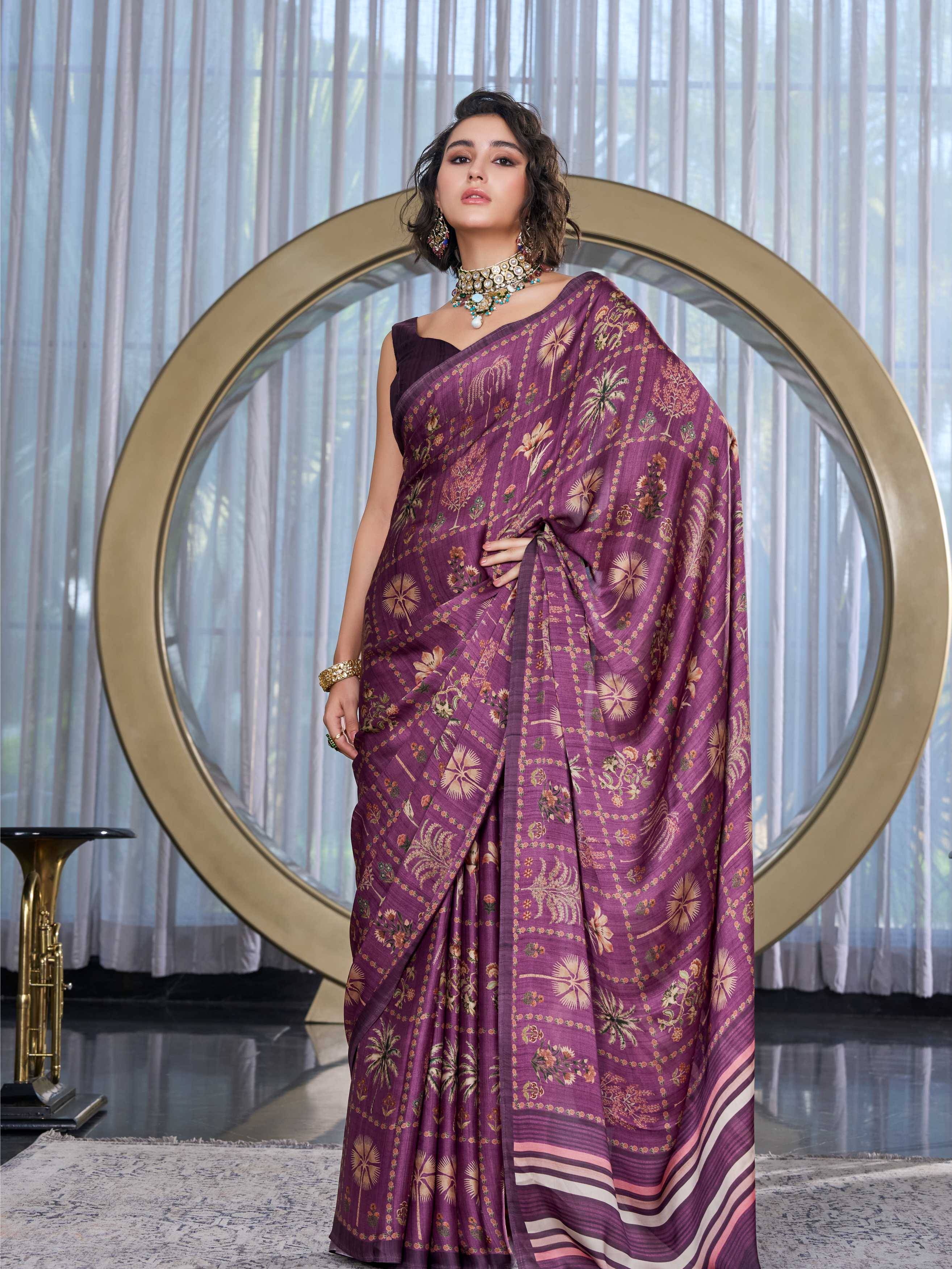 Modal Silk Botanical Plum Purple Saree