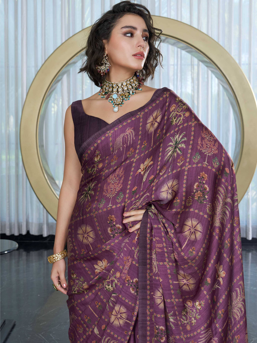 Plum Purple Botanical Print Satin Georgette Saree