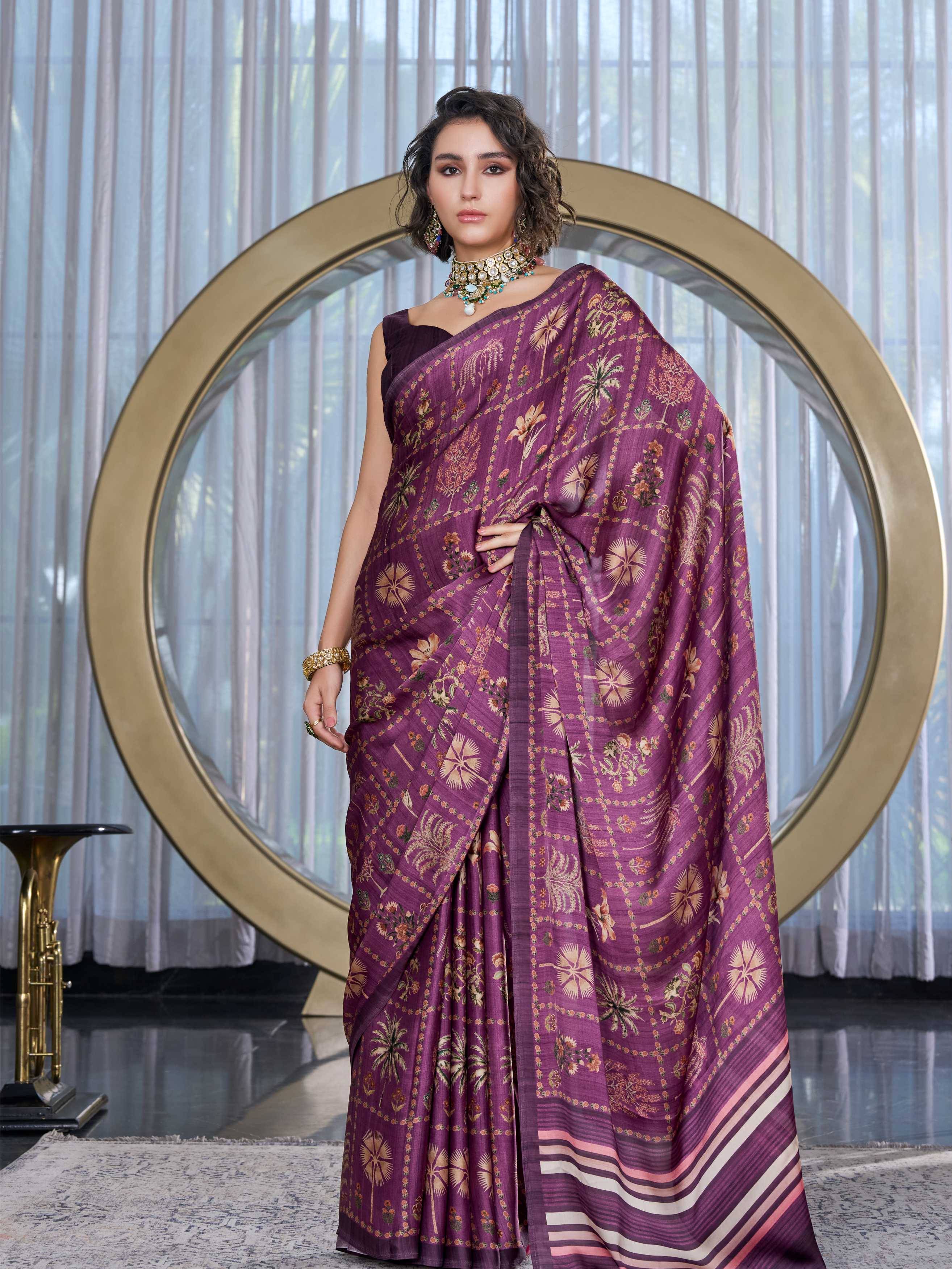 Modal Silk Botanical Plum Purple Saree
