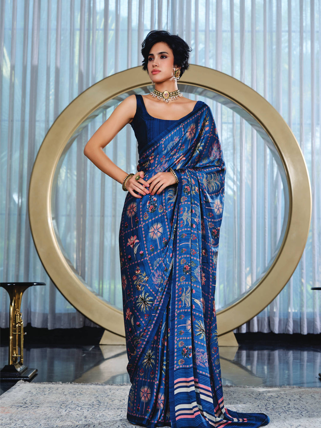 Slate Blue Botanical Print Satin Georgette Saree