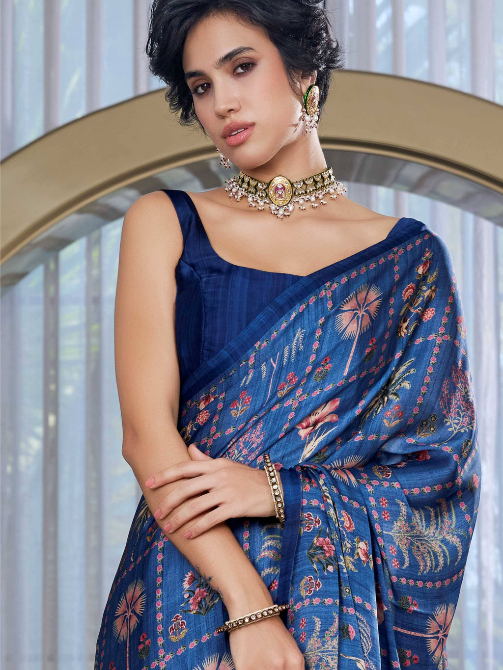 Slate Blue Botanical Print Satin Georgette Saree