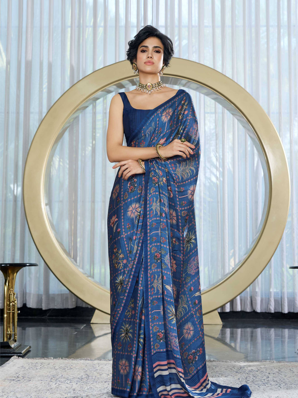 Slate Blue Botanical Print Satin Georgette Saree