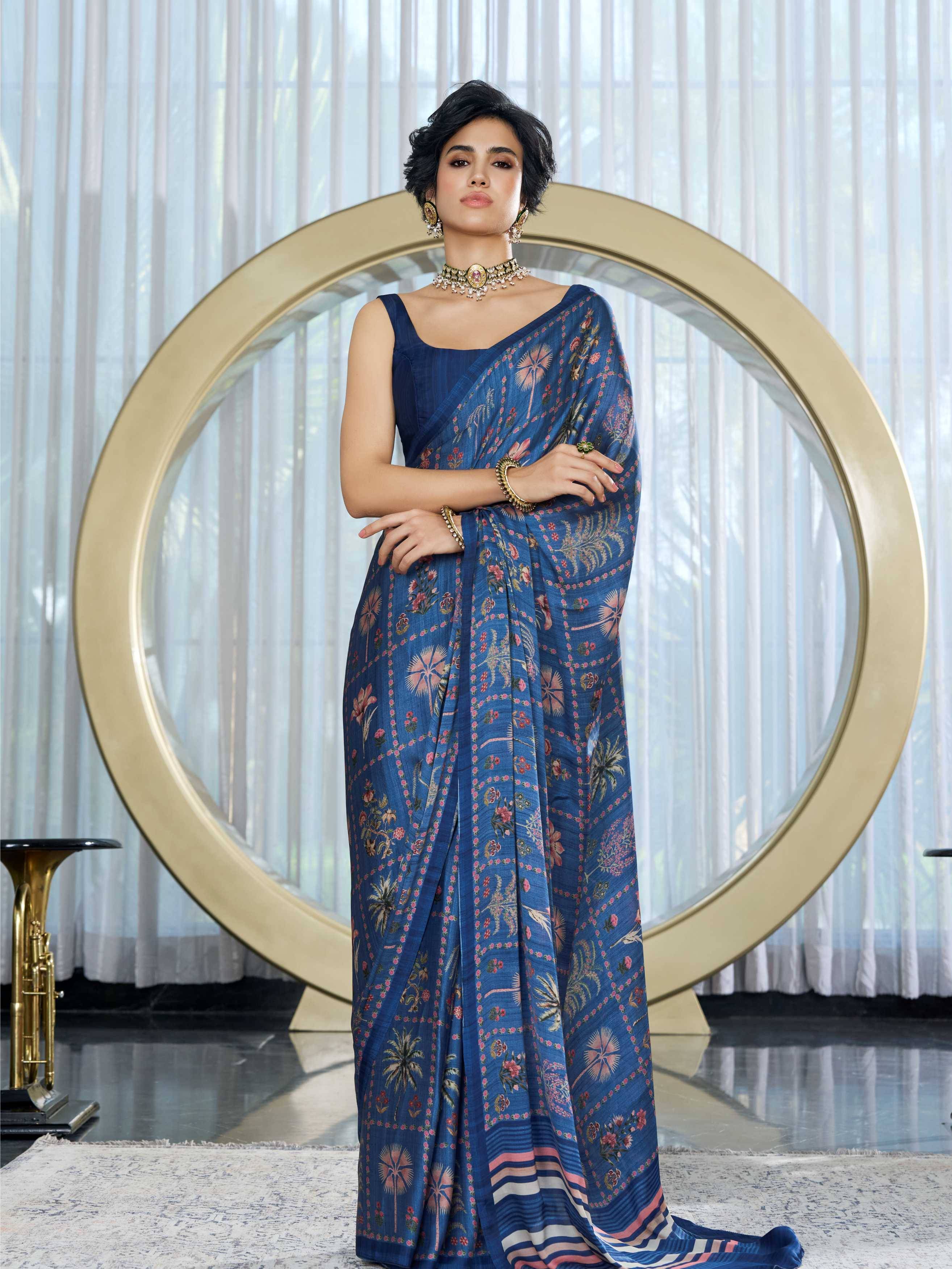 Modal Silk Botanical Slate Blue Saree