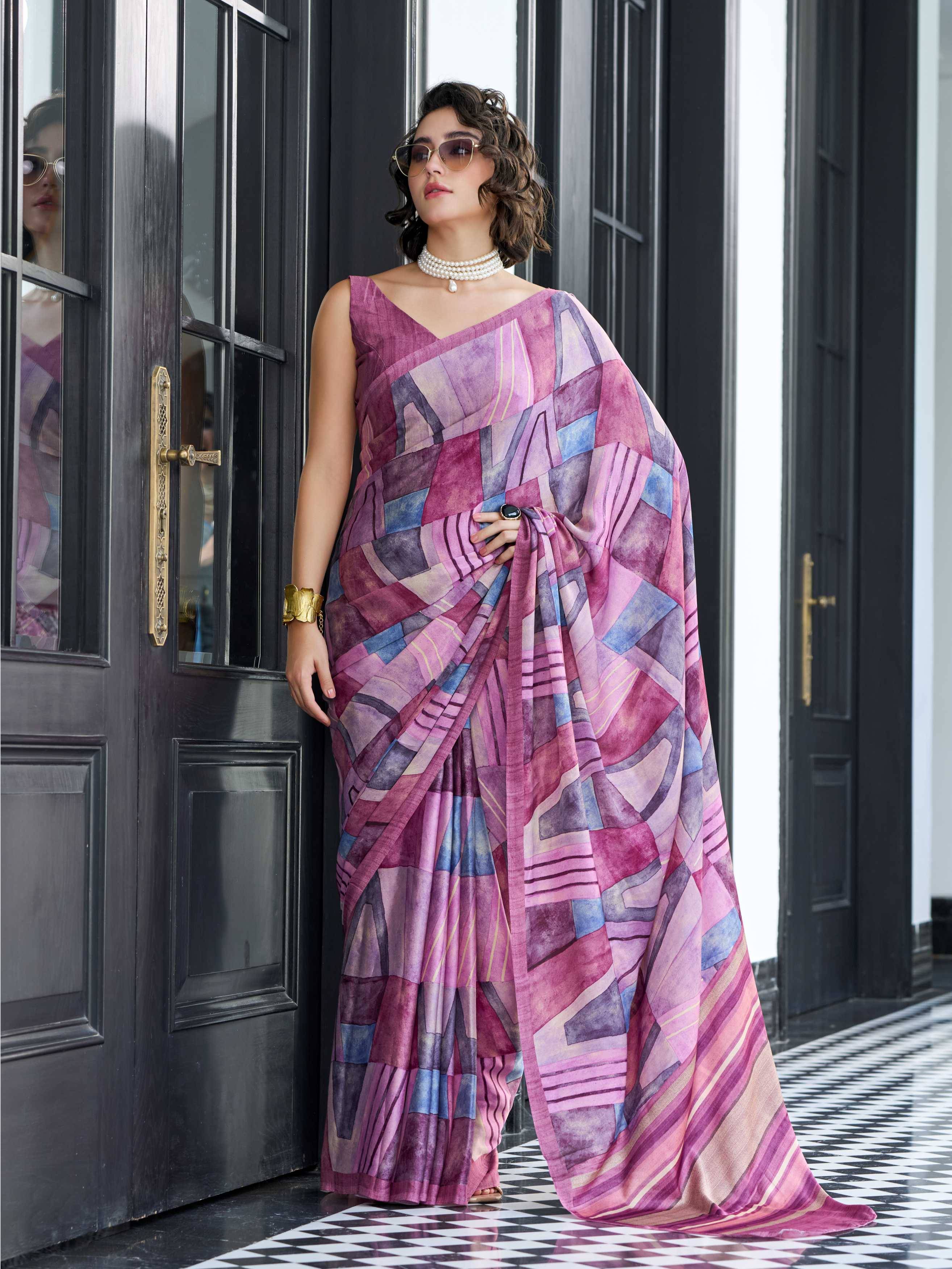 Modal Silk Abstract Rose Pink Saree